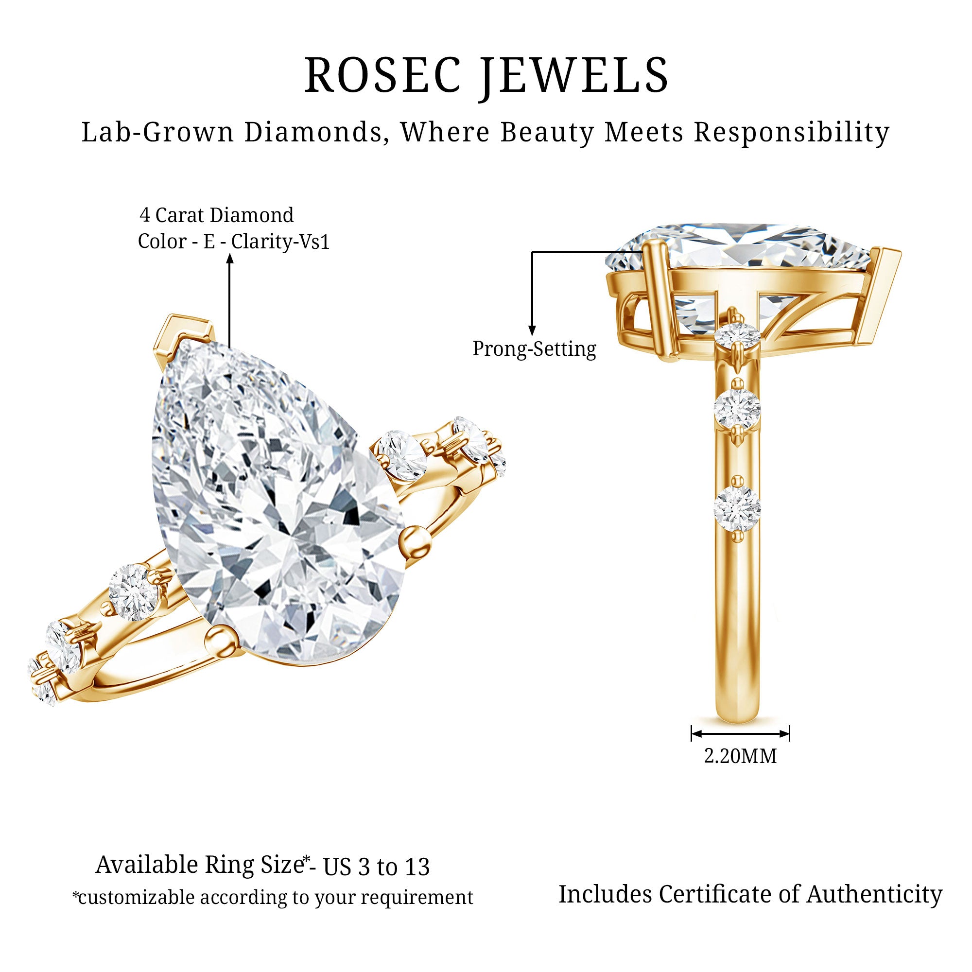 Rosec Jewels-IGI Certified 4 Carat Huge Lab Grown Diamond Pear Shaped Engagement Ring