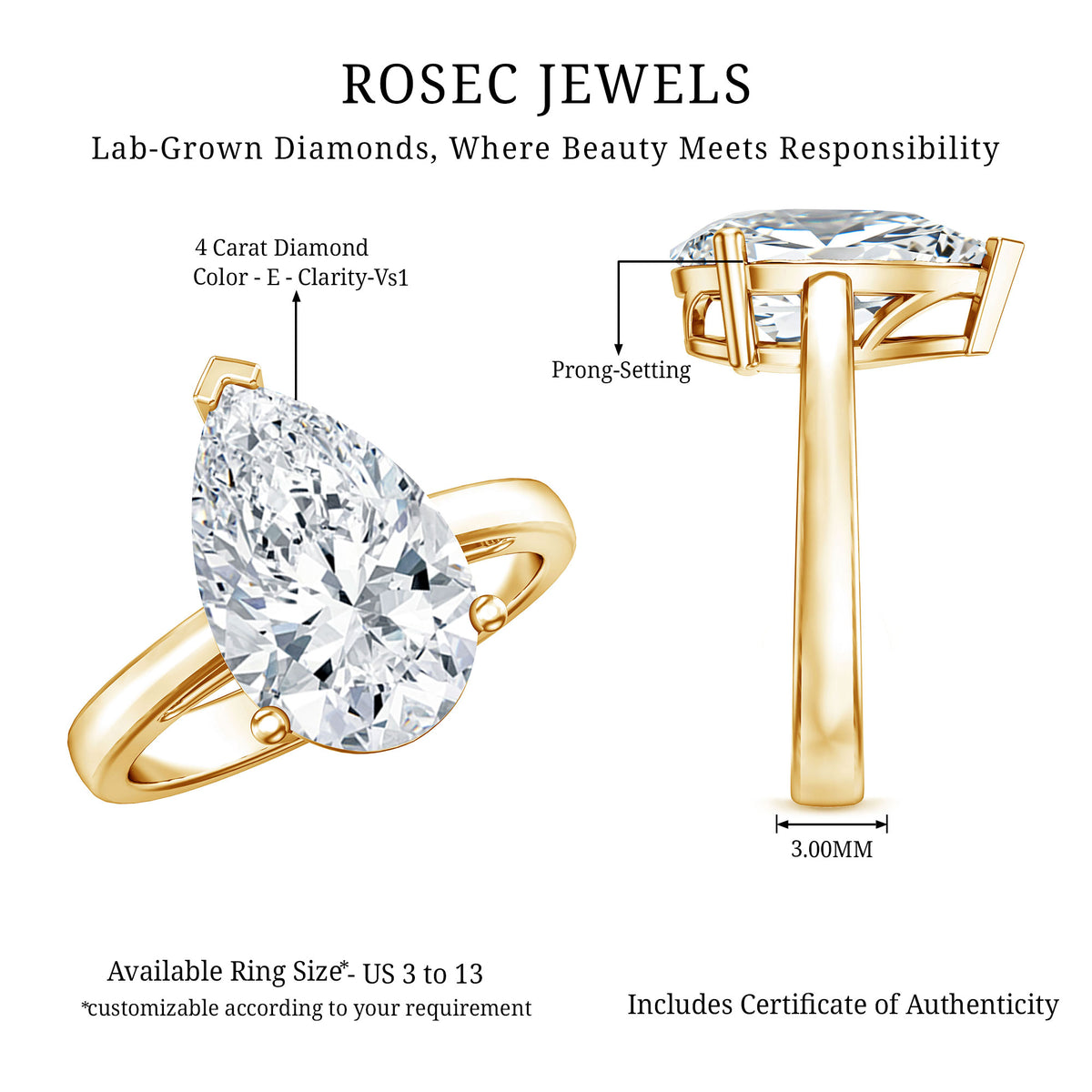 4 Carat IGI Certified Lab Grown Diamond Pear Engagement Ring Lab - ( E-VS1 ) - Rosec Jewels
