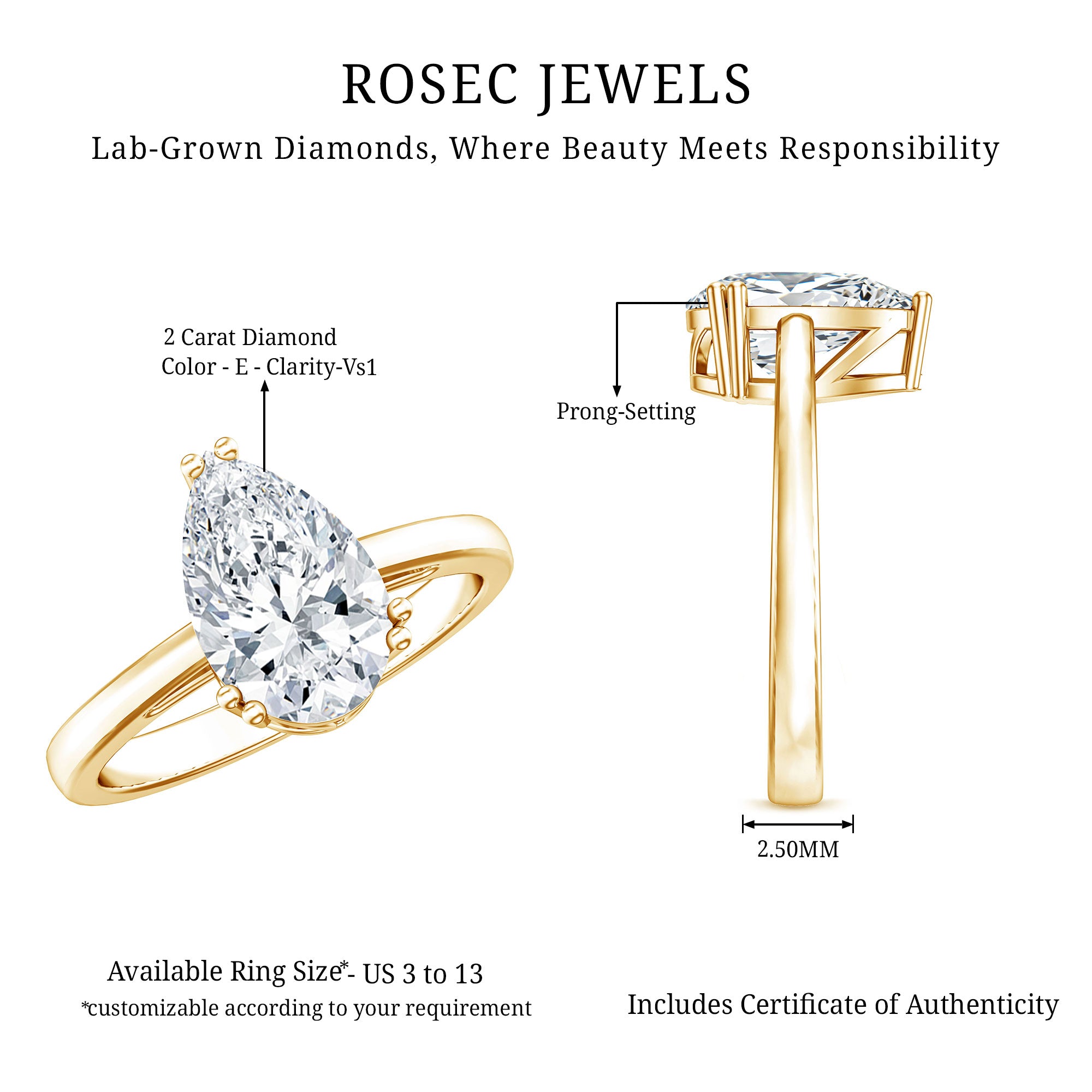Rosec Jewels-IGI Certified Lab Grown 2 Carat Diamond Pear Engagement Ring Solitaire