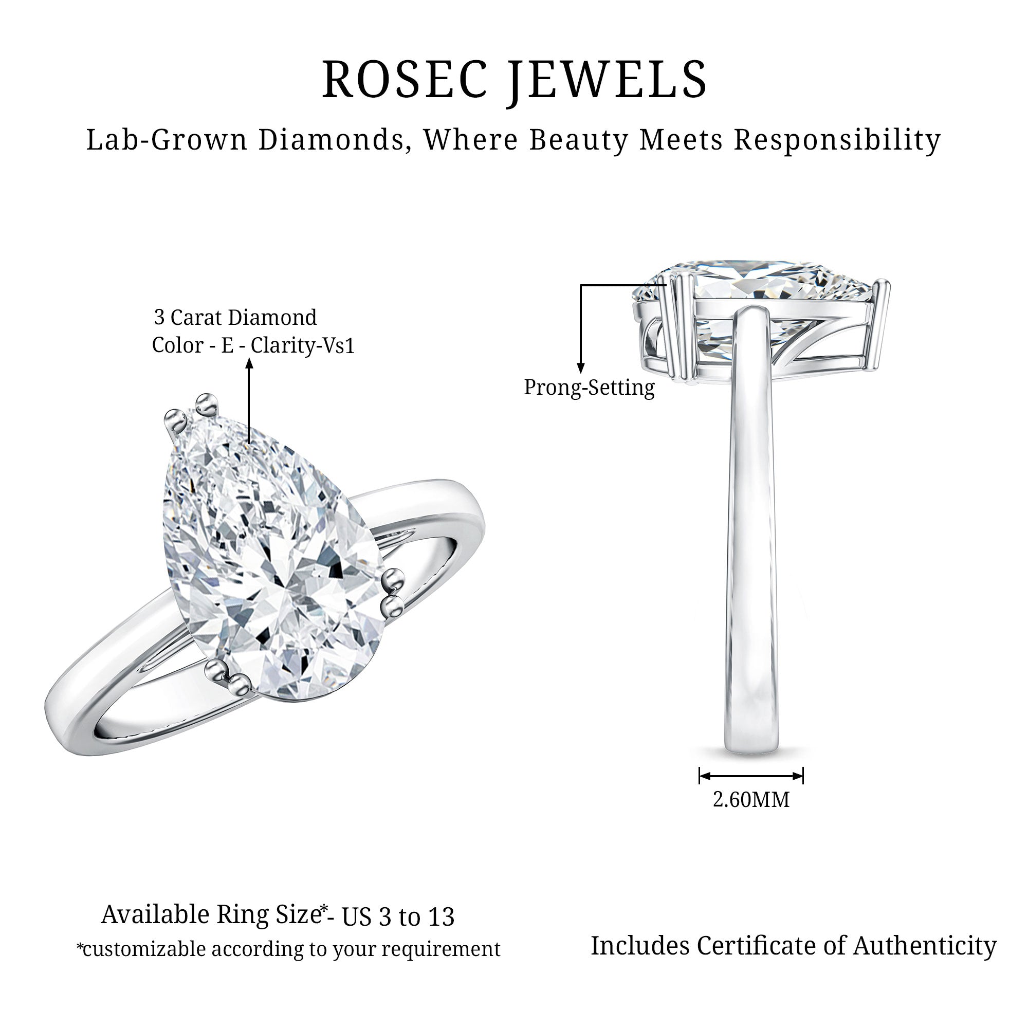 Rosec Jewels-Pear Shape IGI Certified 3 Carat Lab Grown Diamond Solitaire Engagement Ring