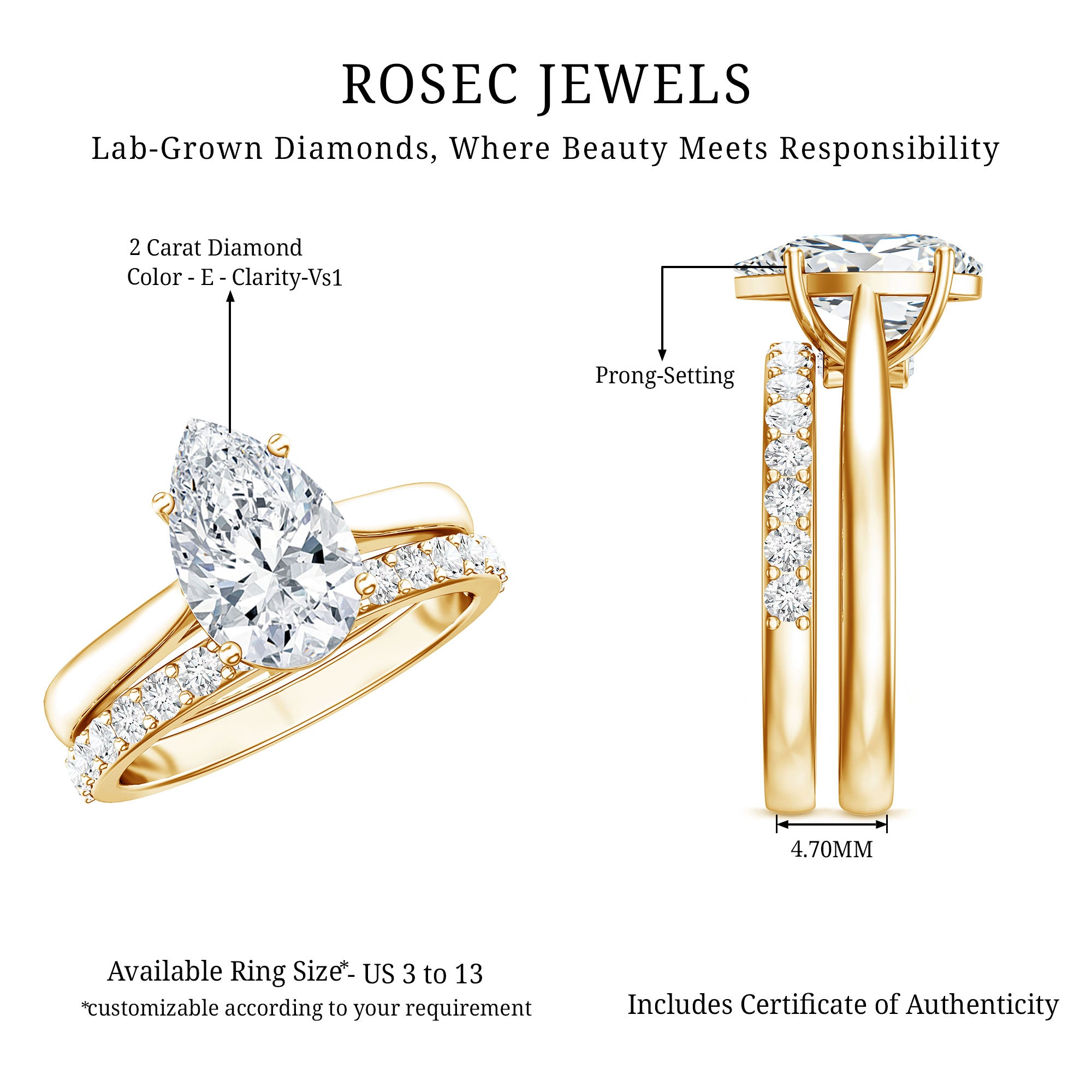 Rosec Jewels-IGI Certified Pear Shape 2 Carat Lab Grown Diamond Bridal Ring Set for Women