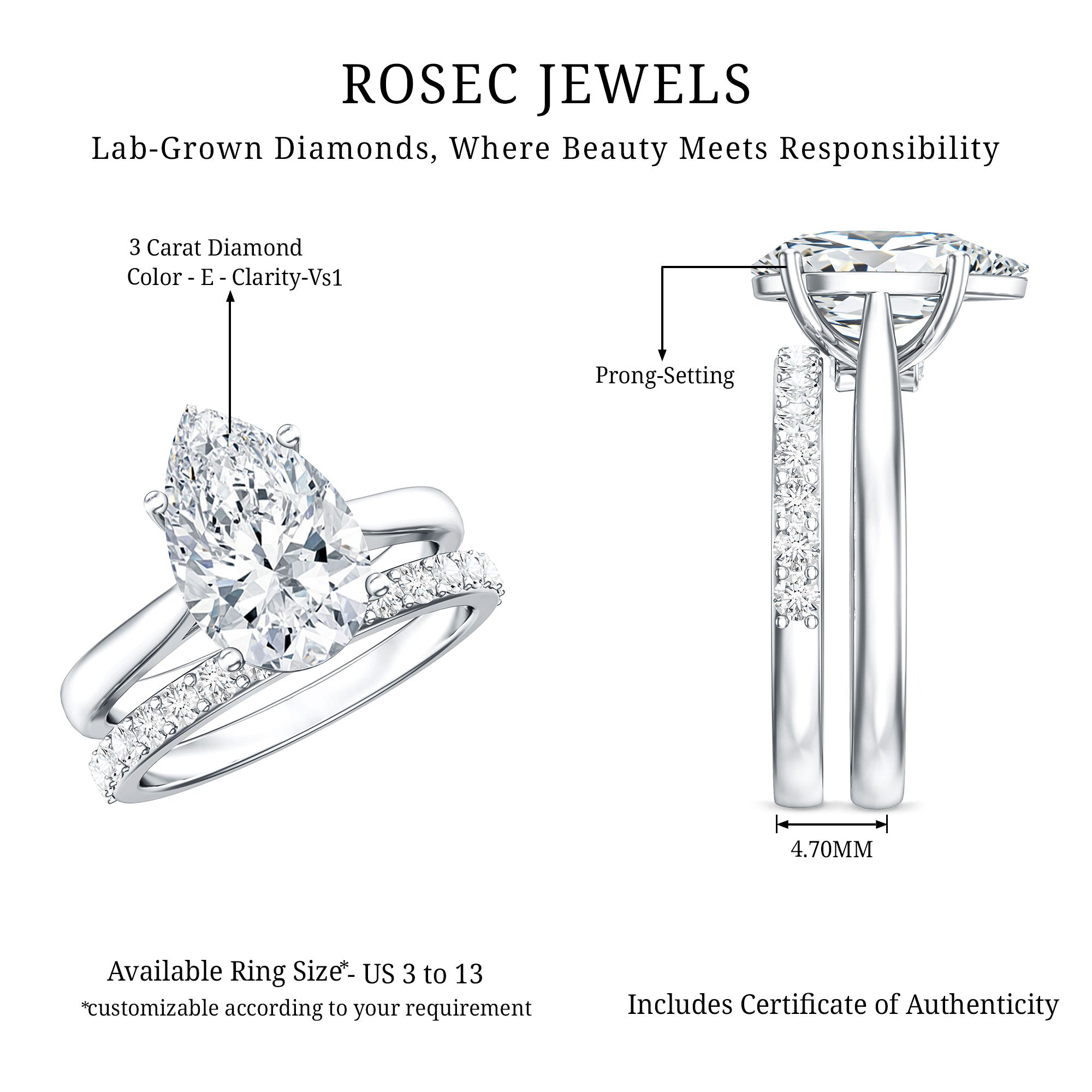 Rosec Jewels-IGI Certified 3 Carat Lab Grown Diamond Pear Cut Engagement Ring Set