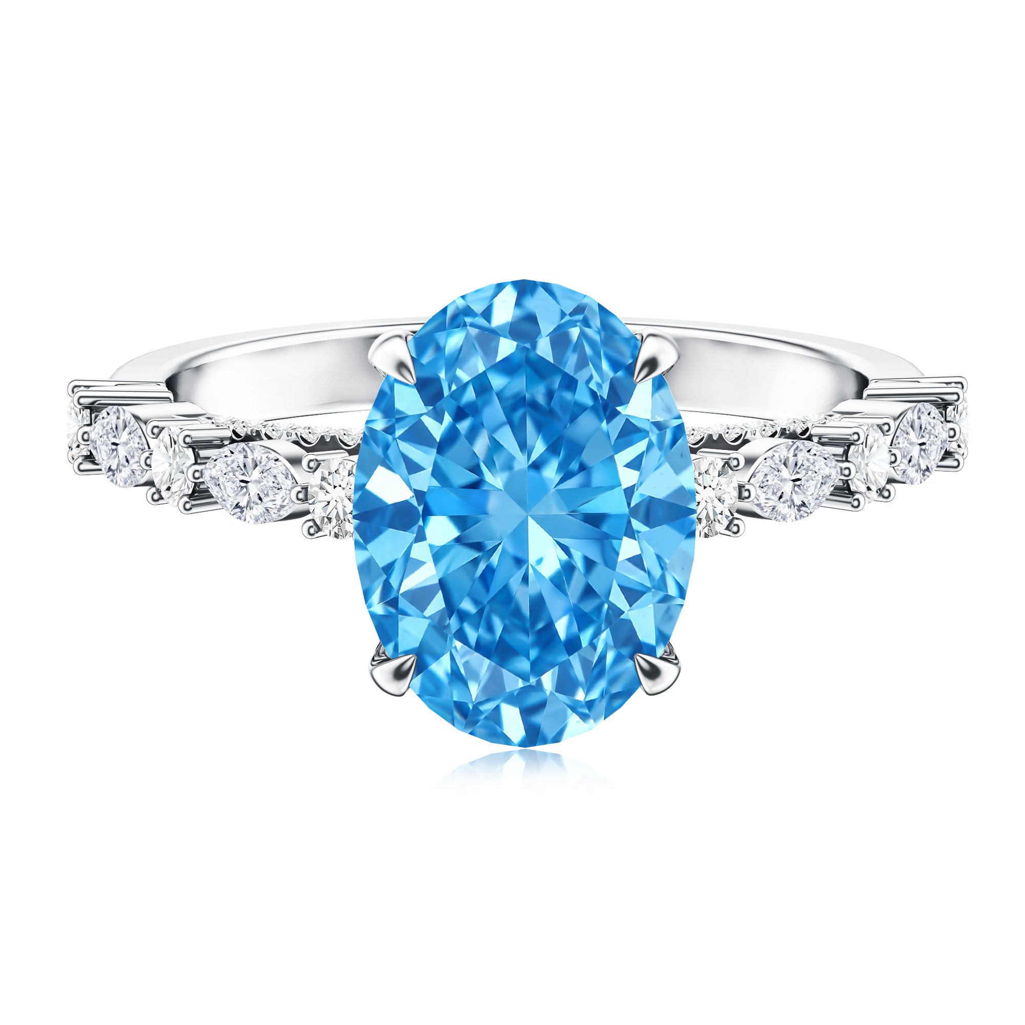 Rosec Jewels-IGI Certified 3 Carat Lab Grown Oval Blue Diamond Big Engagement Ring with Side Stones