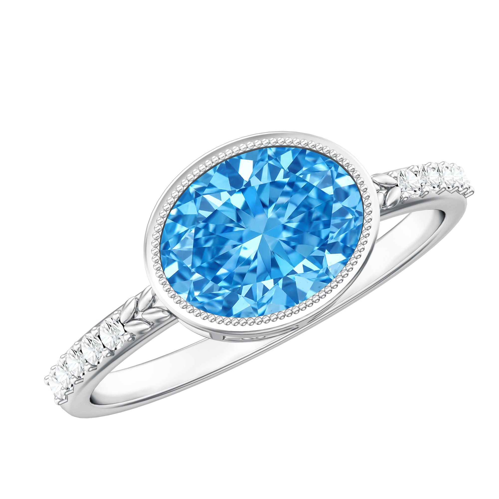 2 Carat Lab Created Blue Diamond East West Oval Engagement Ring with IGI Certificate Vivid Blue - VS1 - Rosec Jewels