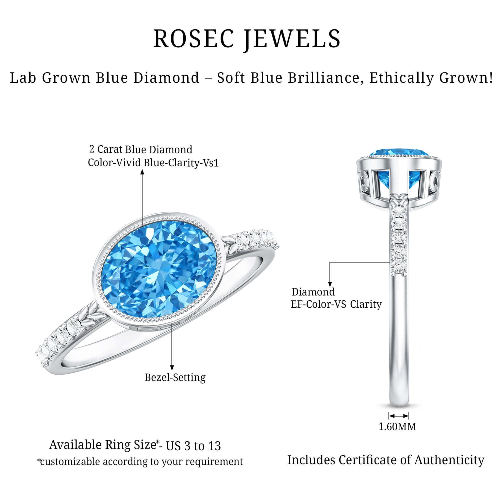 2 Carat Lab Created Blue Diamond East West Oval Engagement Ring with IGI Certificate Vivid Blue - VS1 - Rosec Jewels