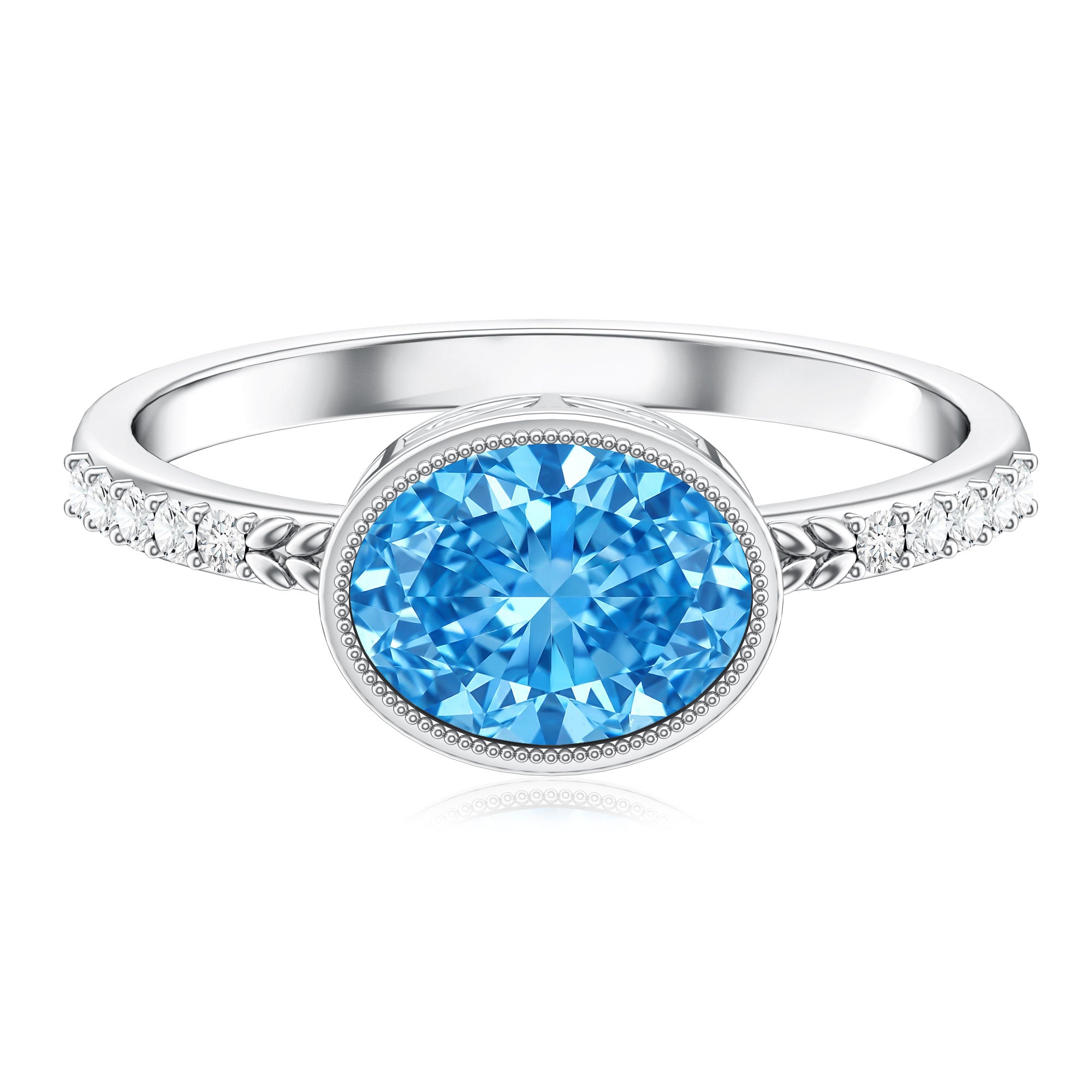 2 Carat Lab Created Blue Diamond East West Oval Engagement Ring with IGI Certificate Vivid Blue - VS1 - Rosec Jewels