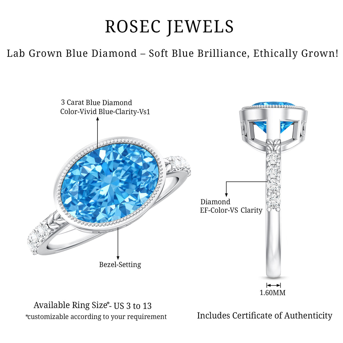 IGI Certified 3 Carat Oval Lab Grown Blue Diamond East West Engagement Ring Vivid Blue - VS1 - Rosec Jewels