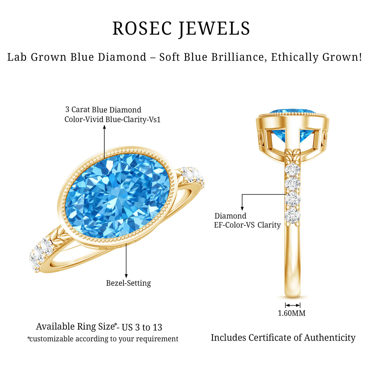 IGI Certified 3 Carat Oval Lab Grown Blue Diamond East West Engagement Ring Vivid Blue - VS1 - Rosec Jewels