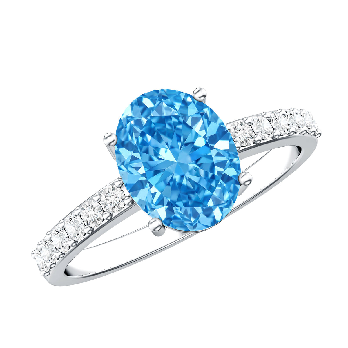 IGI Certified 3 Carat Oval Lab Grown Blue Diamond Engagement Ring with Side Stone Vivid Blue - VS1 - Rosec Jewels