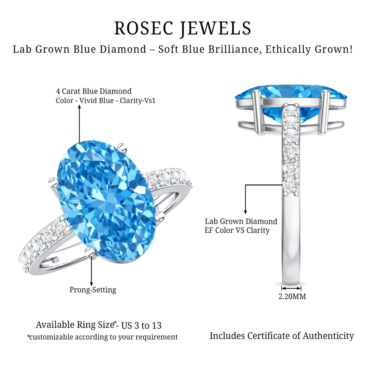 IGI Certified Solitaire 4 Carat Lab Grown Blue Diamond Huge Engagement Ring with Side Stones Vivid Blue - VS1 - Rosec Jewels