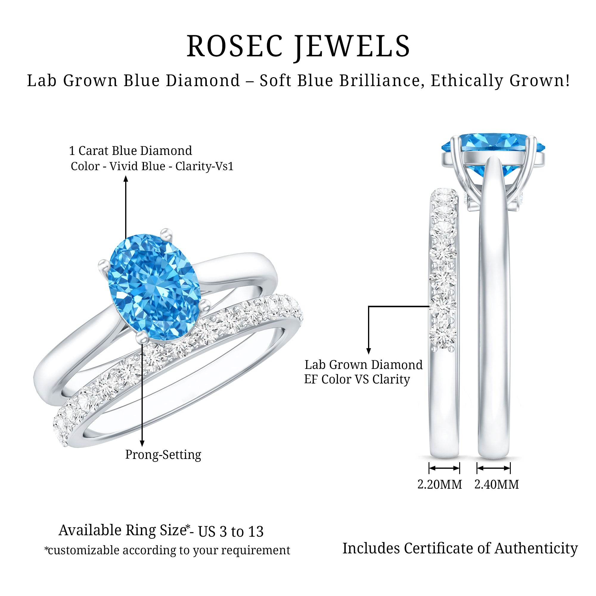 IGI Certified Oval 1 Carat Lab Grown Blue Diamond Wedding Ring Set Vivid Blue - VS1 - Rosec Jewels