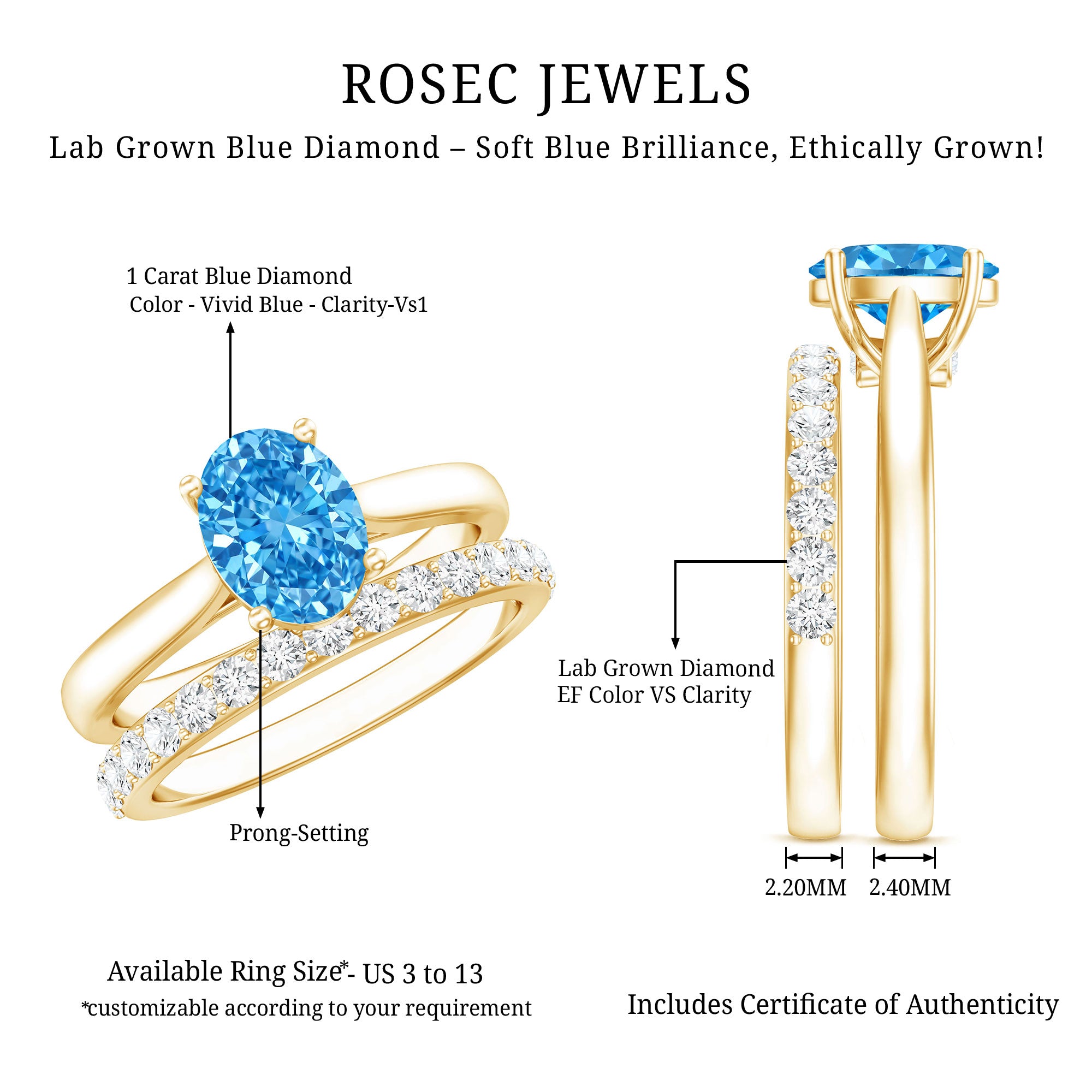 Rosec Jewels-IGI Certified Oval 1 Carat Lab Grown Blue Diamond Wedding Ring Set