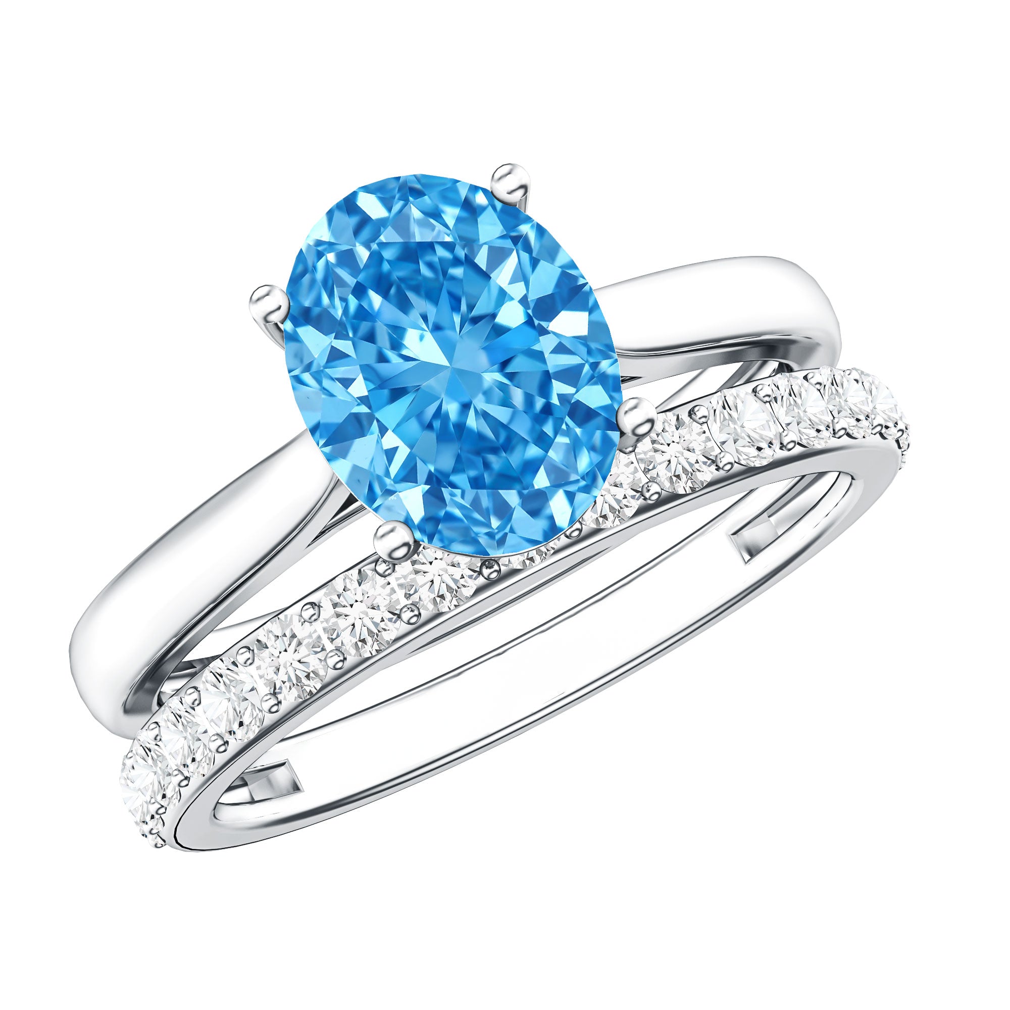 IGI Certified 2 Carat Oval Lab Grown Blue Diamond Bridal Ring Set for Women Vivid Blue - VS1 - Rosec Jewels