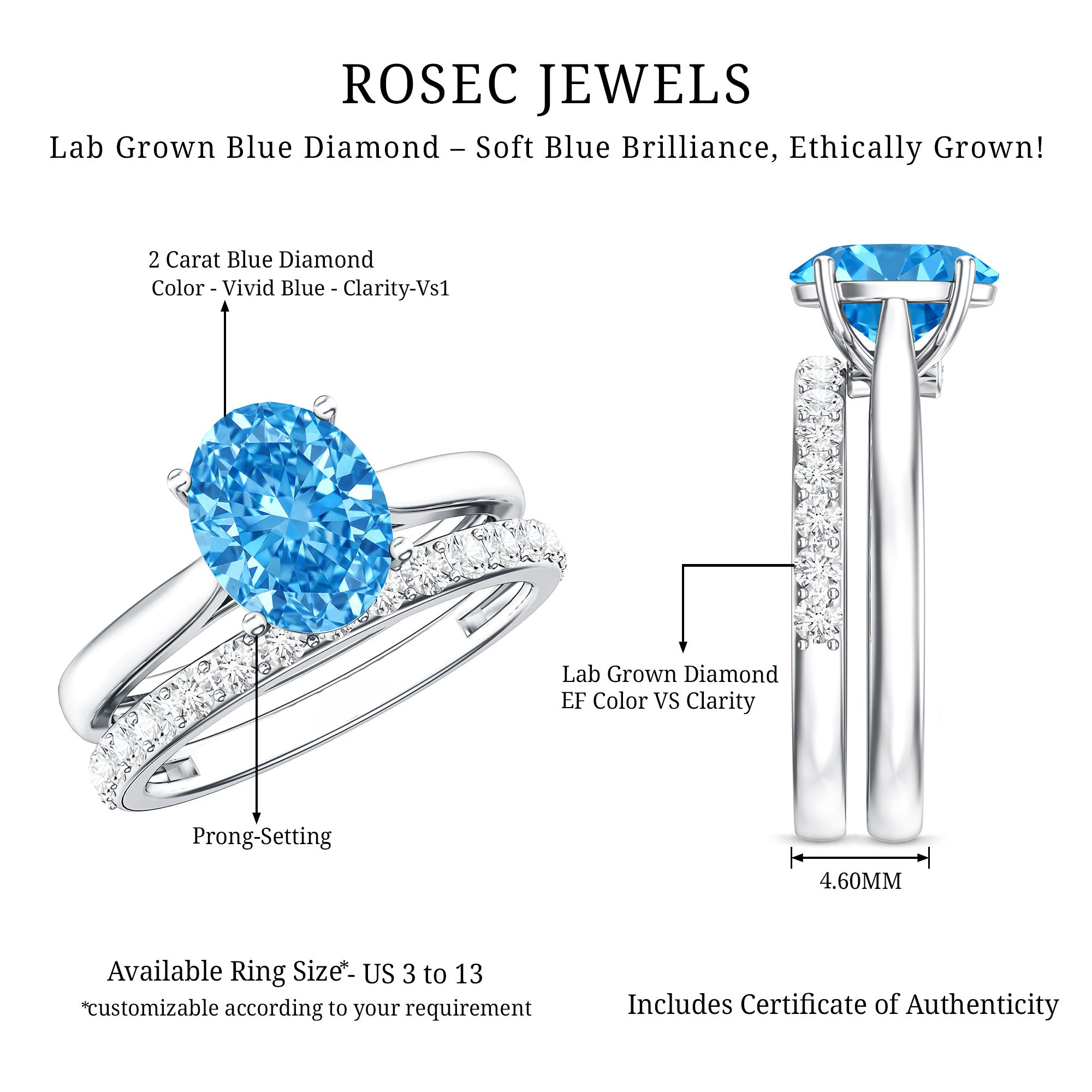 IGI Certified 2 Carat Oval Lab Grown Blue Diamond Bridal Ring Set for Women Vivid Blue - VS1 - Rosec Jewels