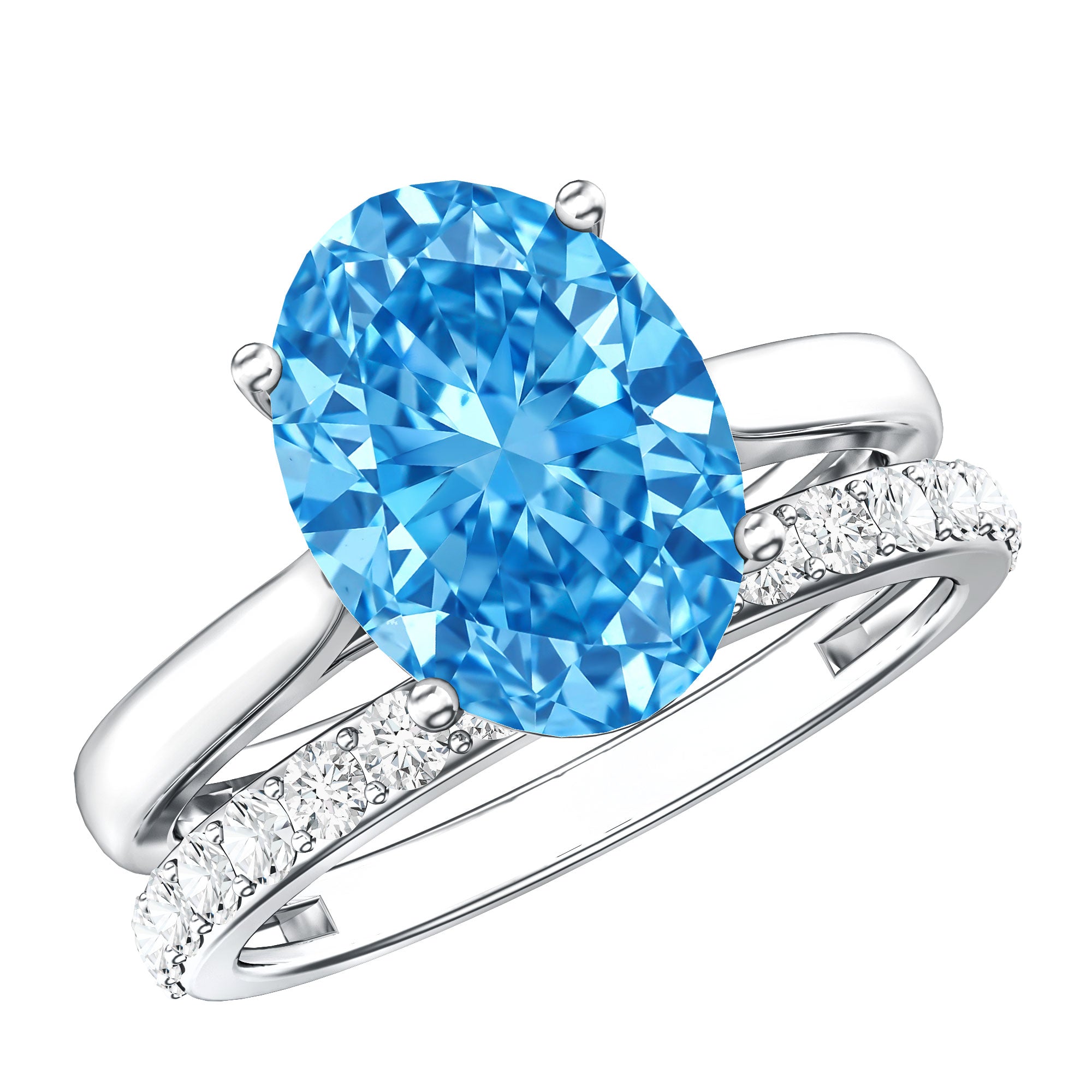 Lab Grown Blue Diamond 3 Carat Oval Bridal Ring Set with IGI Certificate Vivid Blue - VS1 - Rosec Jewels