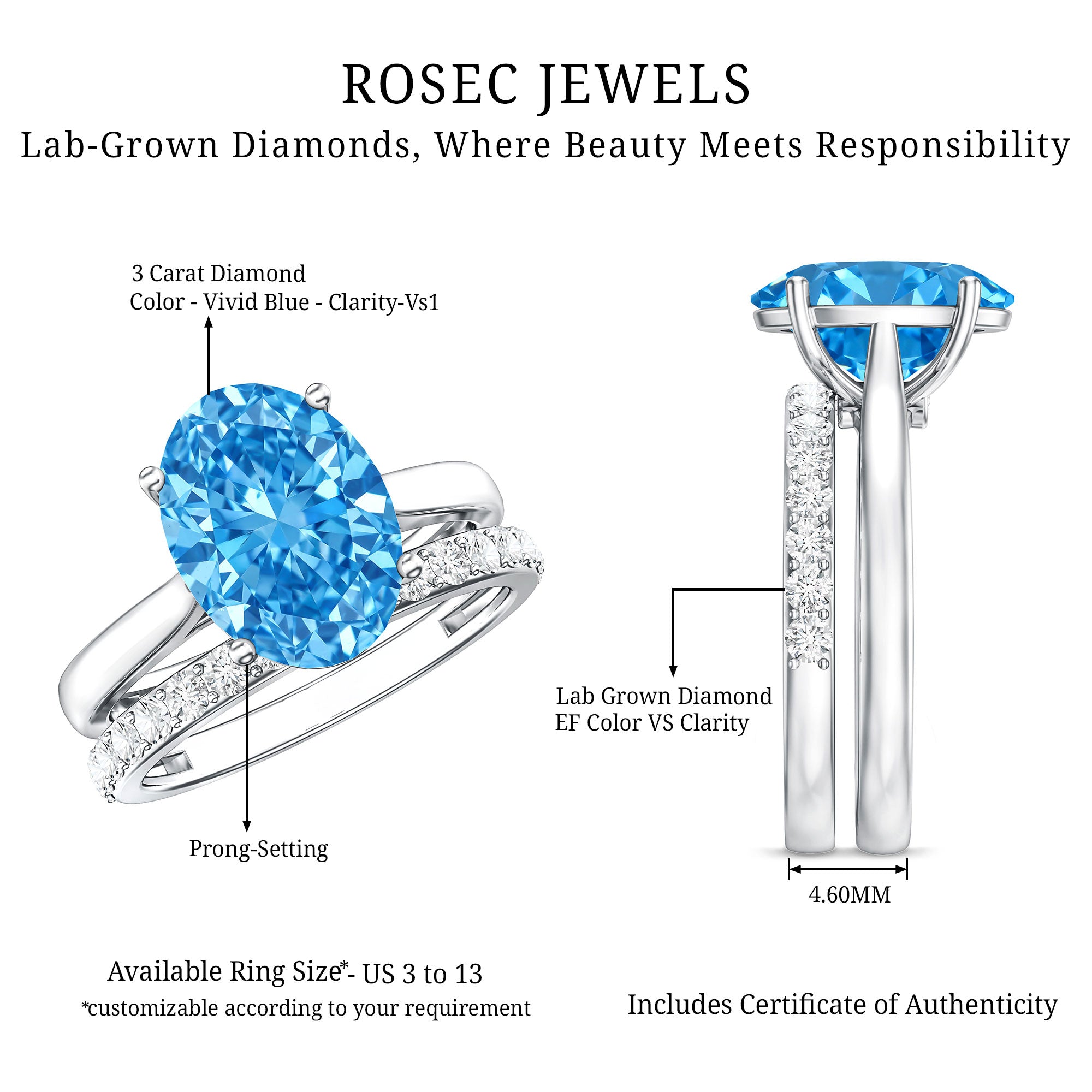 Lab Grown Blue Diamond 3 Carat Oval Bridal Ring Set with IGI Certificate Vivid Blue - VS1 - Rosec Jewels