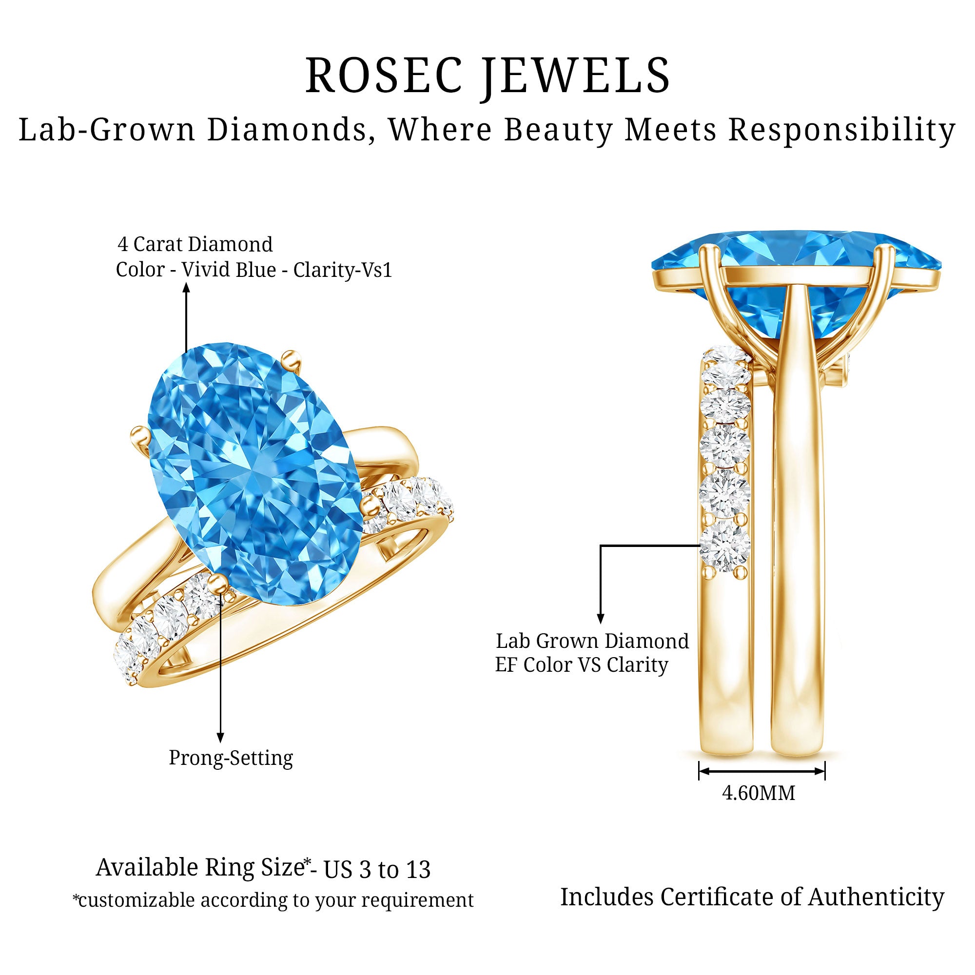 IGI Certified 4 Carat Oval Lab Grown Blue Diamond Engagement Ring with Enhancer Vivid Blue - VS1 - Rosec Jewels