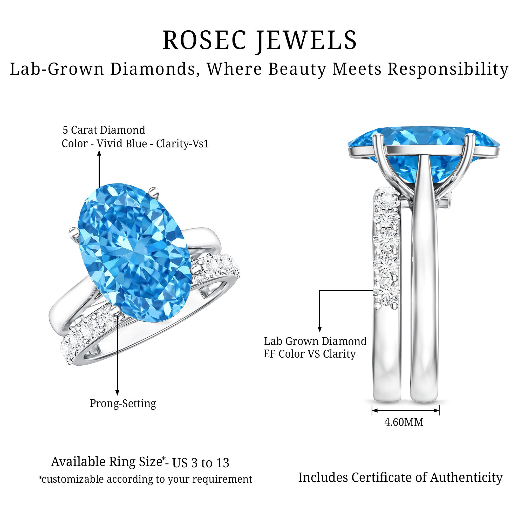 5 Carat Oval Lab Grown Blue Diamond Engagement Ring and Wedding Band with IGI Certificate Vivid Blue - VS1 - Rosec Jewels