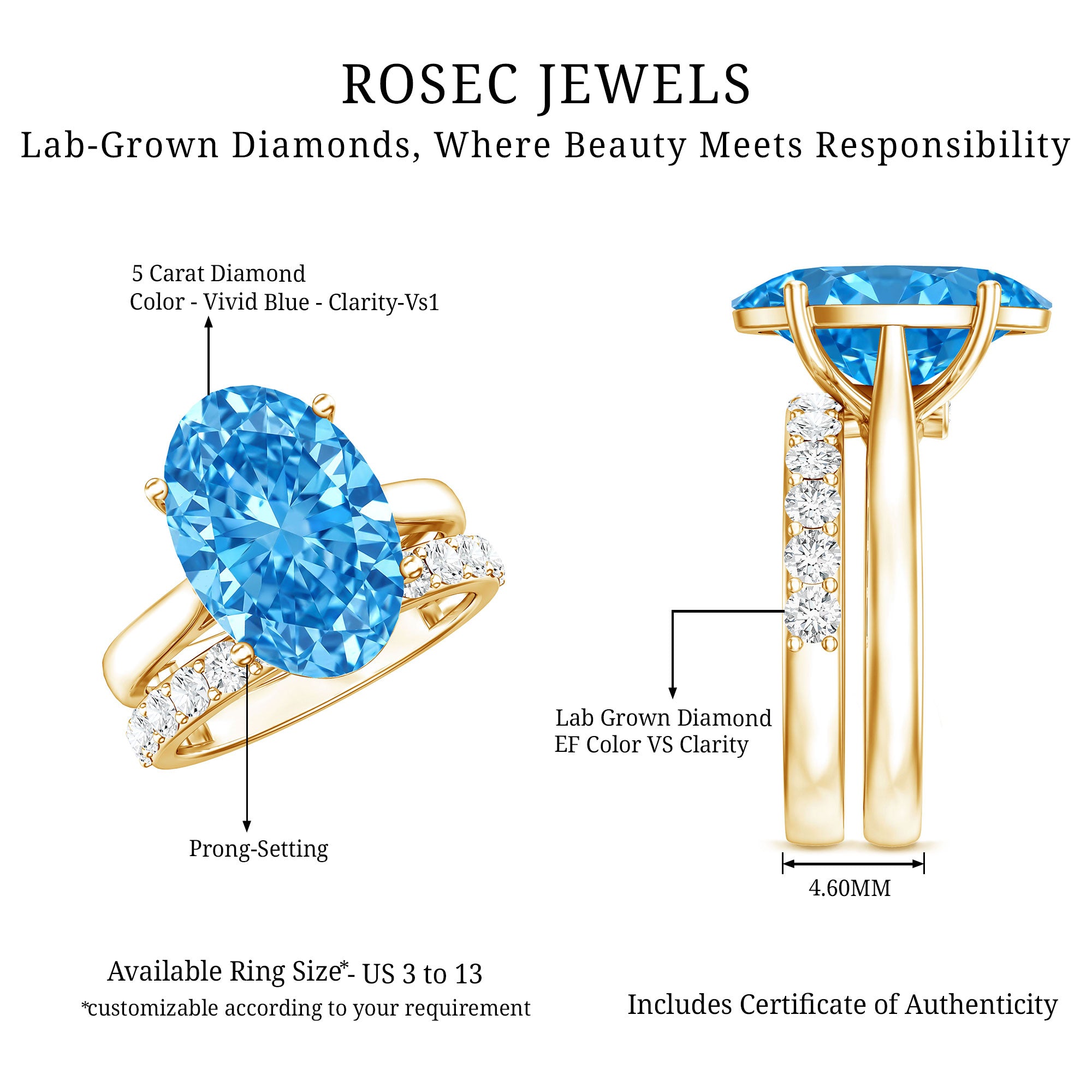 5 Carat Oval Lab Grown Blue Diamond Engagement Ring and Wedding Band with IGI Certificate Vivid Blue - VS1 - Rosec Jewels