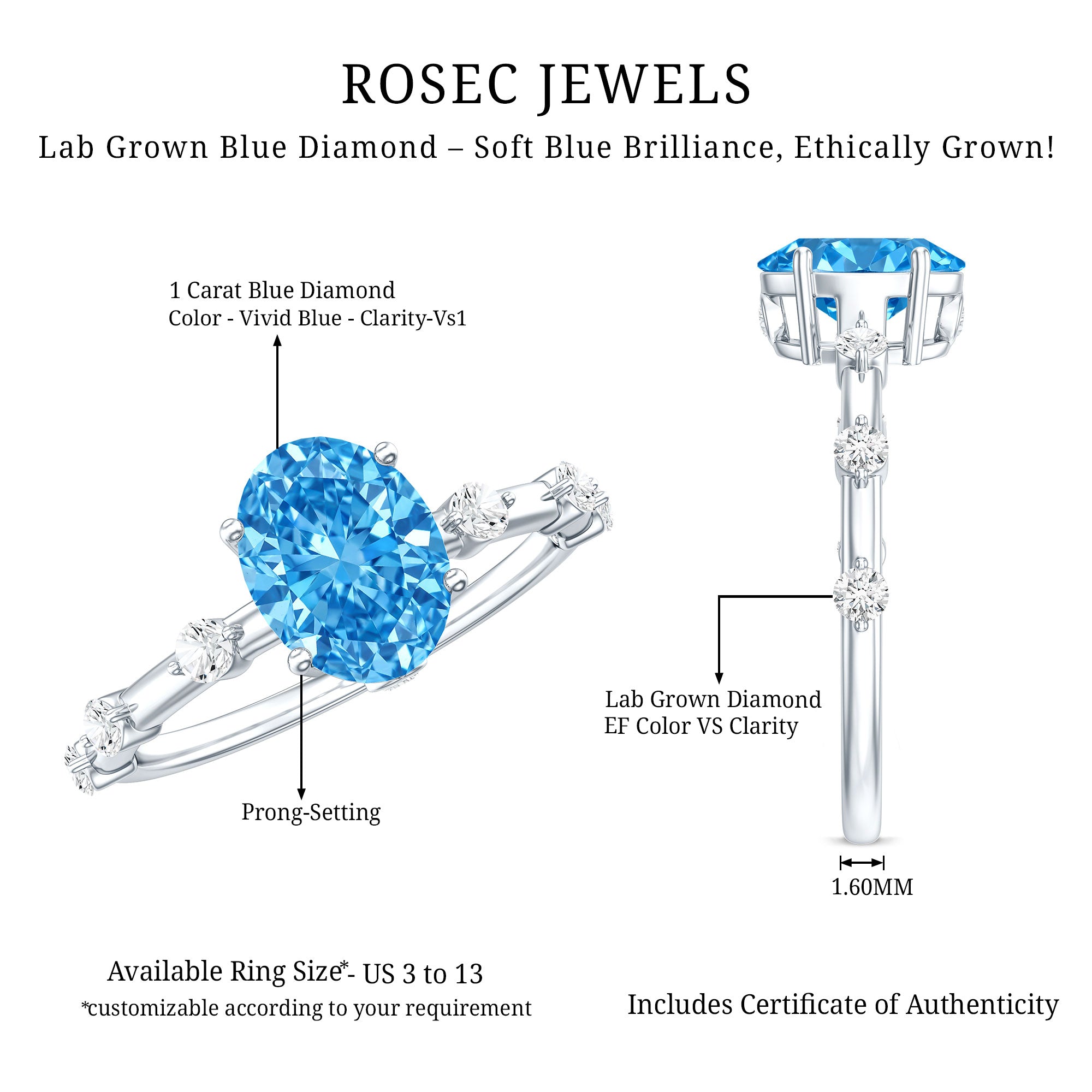 Oval Shaped 1 Carat Lab Grown Blue Diamond Solitaire Ring with IGI Certificate Vivid Blue - VS1 - Rosec Jewels