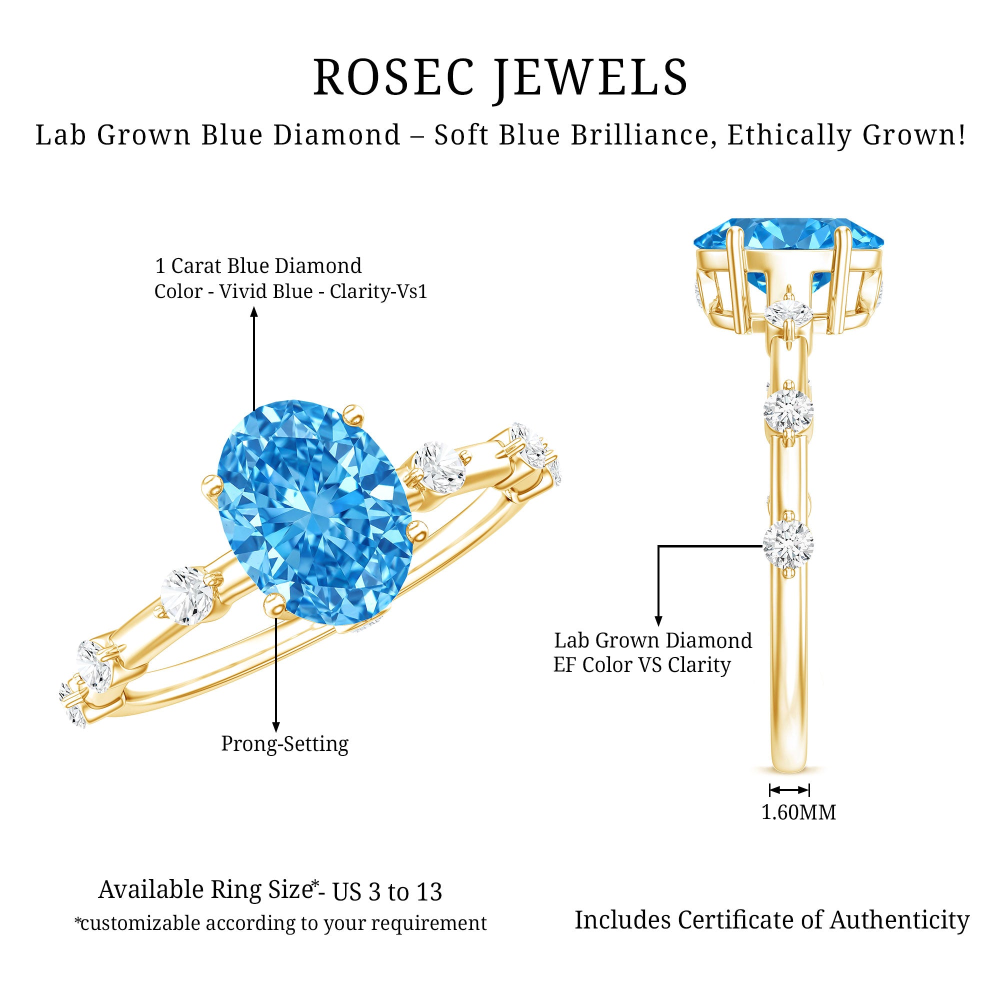 Oval Shaped 1 Carat Lab Grown Blue Diamond Solitaire Ring with IGI Certificate Vivid Blue - VS1 - Rosec Jewels