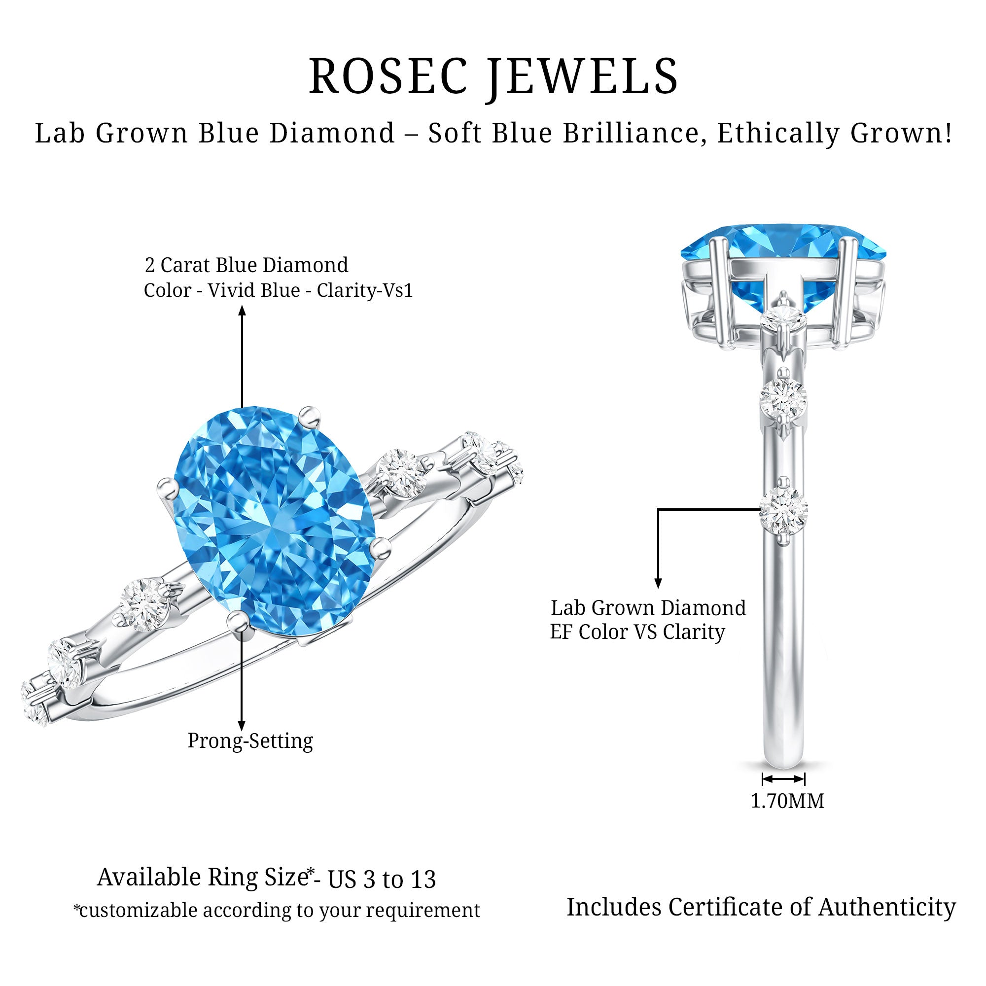 IGI Certified Lab Grown Blue Diamond Oval Engagement Ring 2 Carat Vivid Blue - VS1 - Rosec Jewels