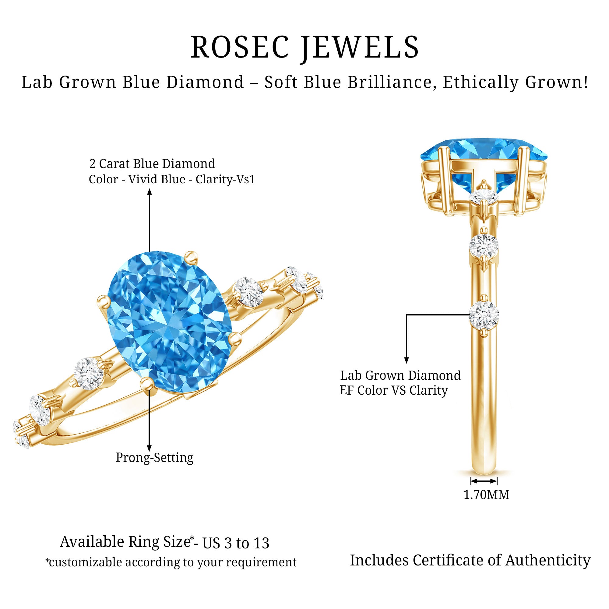IGI Certified Lab Grown Blue Diamond Oval Engagement Ring 2 Carat Vivid Blue - VS1 - Rosec Jewels