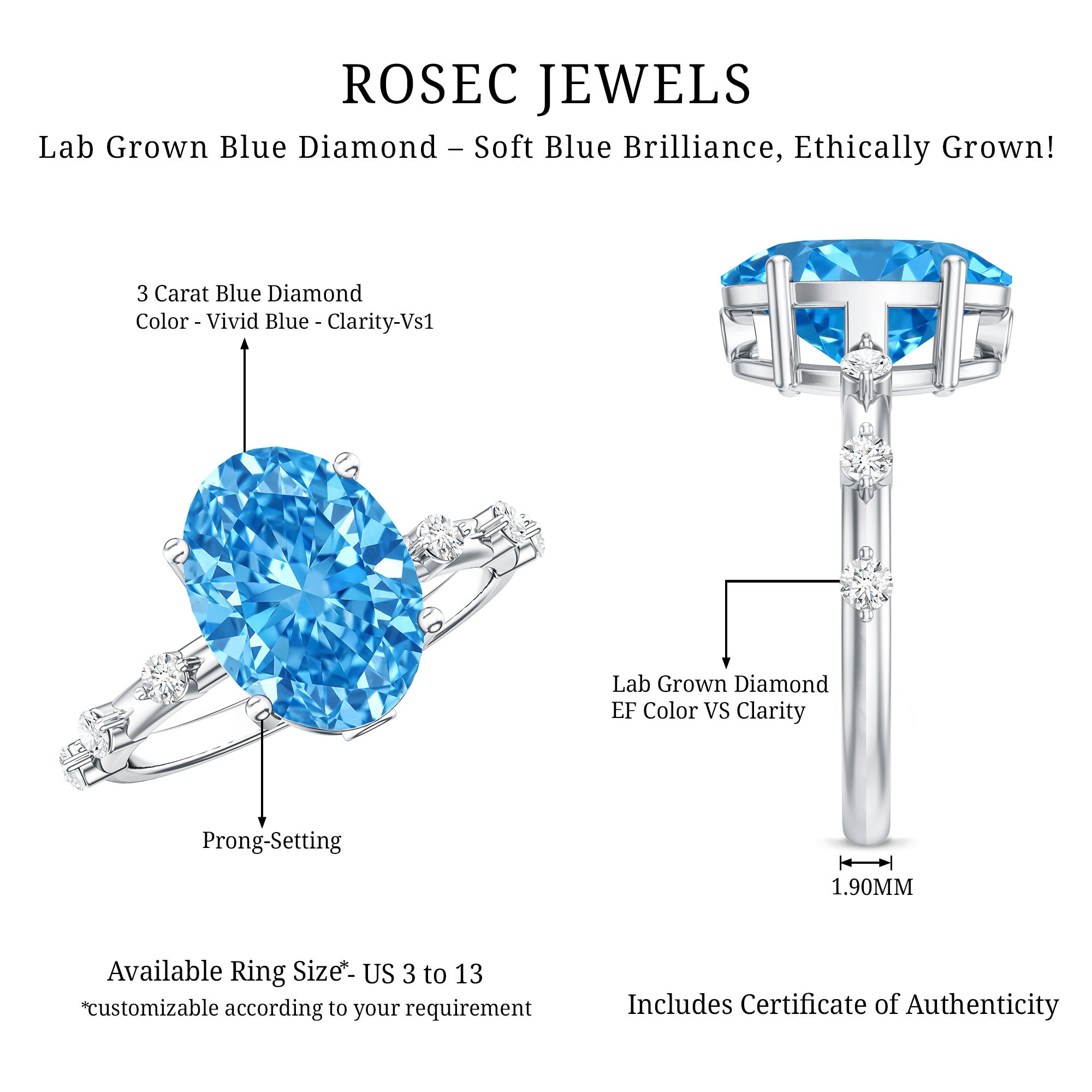 IGI Certified 3 Carat Lab Created Oval Blue Diamond Engagement Ring Vivid Blue - VS1 - Rosec Jewels