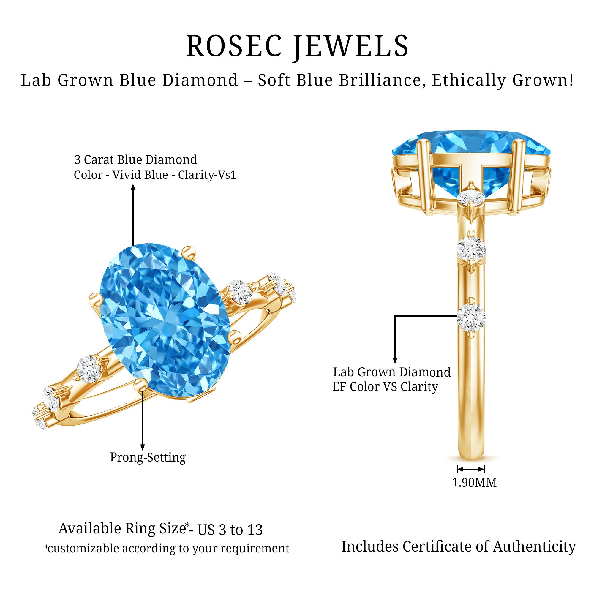 IGI Certified 3 Carat Lab Created Oval Blue Diamond Engagement Ring Vivid Blue - VS1 - Rosec Jewels