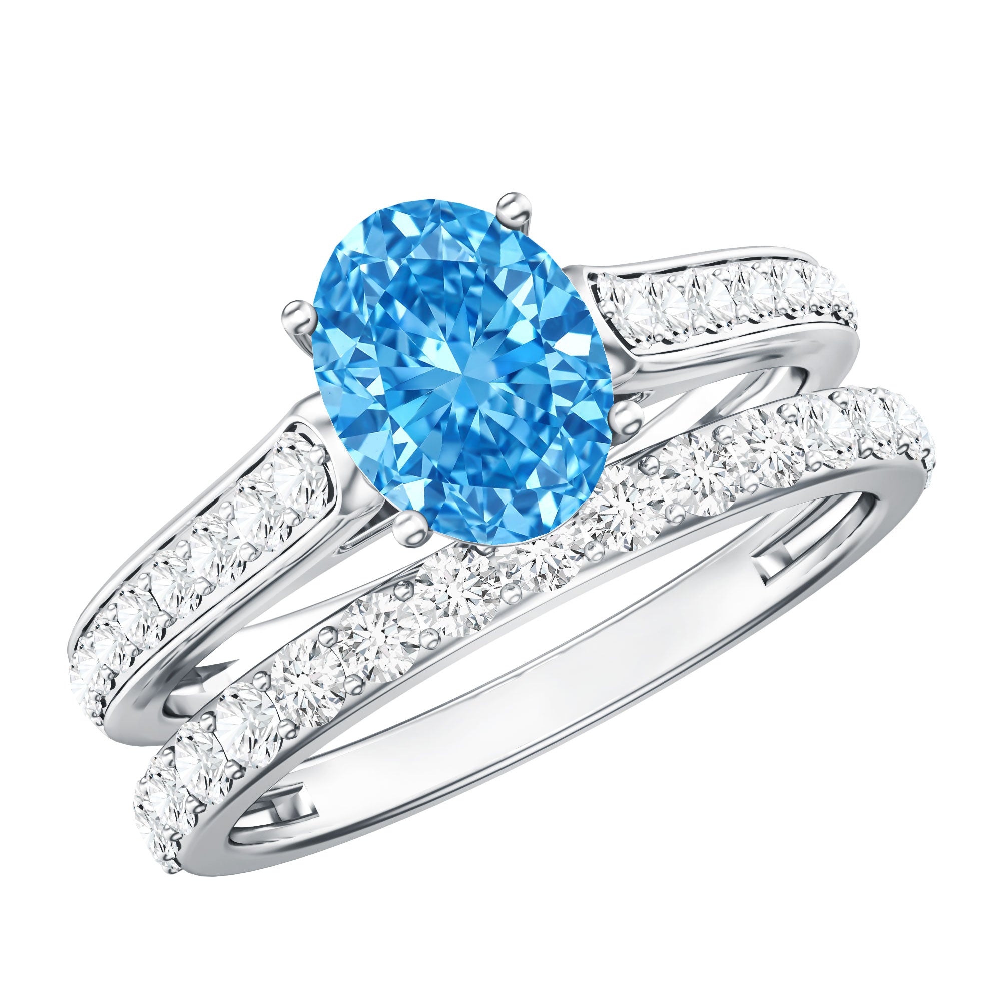 Oval Shaped 1 Carat Lab Grown Blue Diamond Bridal Ring Set IGI Certified Vivid Blue - VS1 - Rosec Jewels