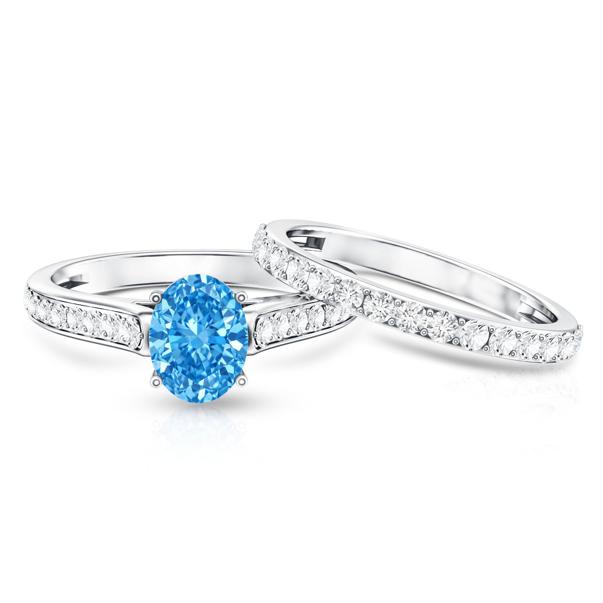 Oval Shaped 1 Carat Lab Grown Blue Diamond Bridal Ring Set IGI Certified Vivid Blue - VS1 - Rosec Jewels