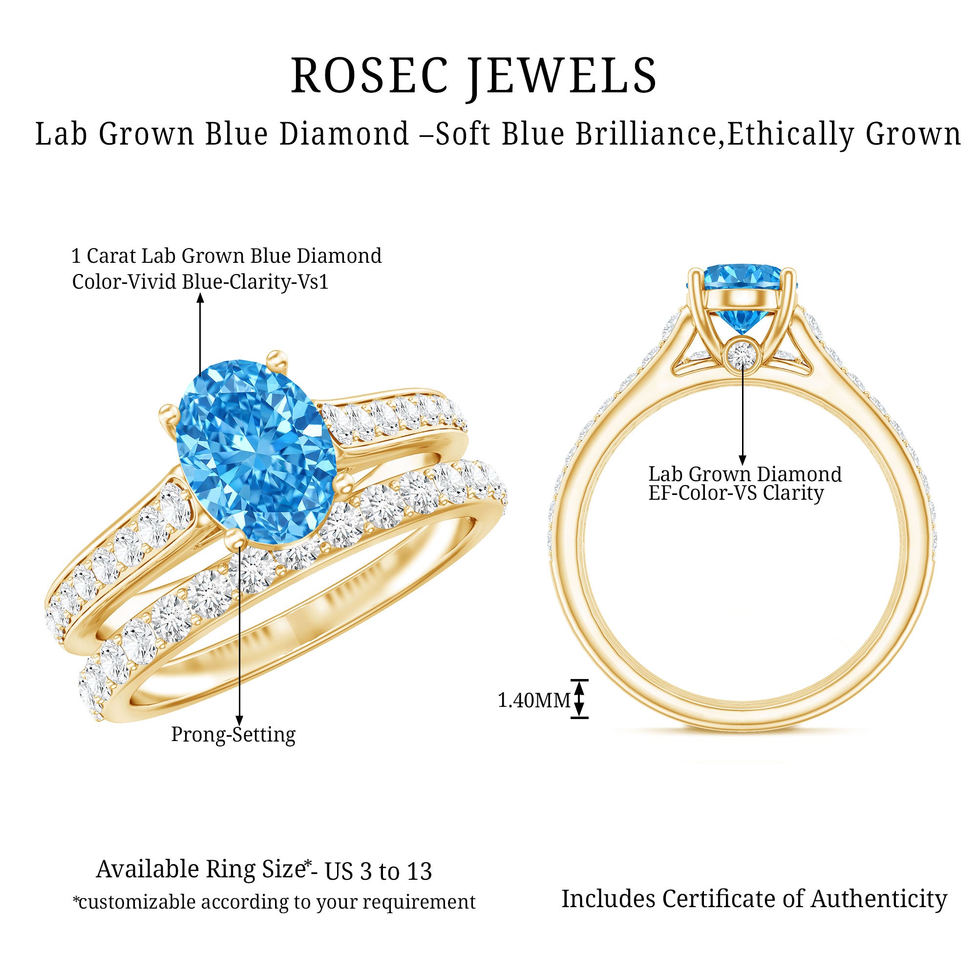 Rosec Jewels-Oval Shaped 1 Carat Lab Grown Blue Diamond Bridal Ring Set IGI Certified