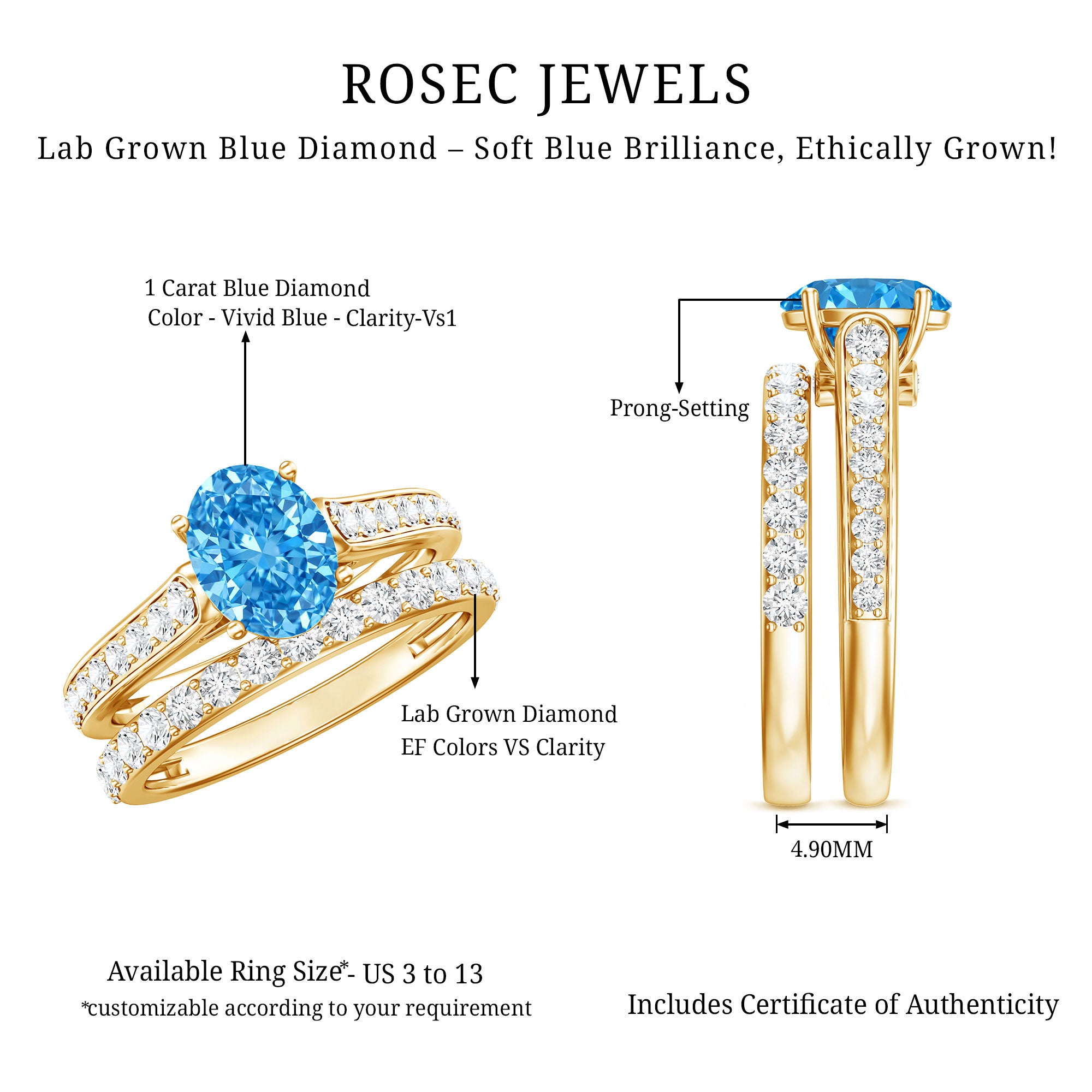 Oval Shaped 1 Carat Lab Grown Blue Diamond Bridal Ring Set IGI Certified Vivid Blue - VS1 - Rosec Jewels