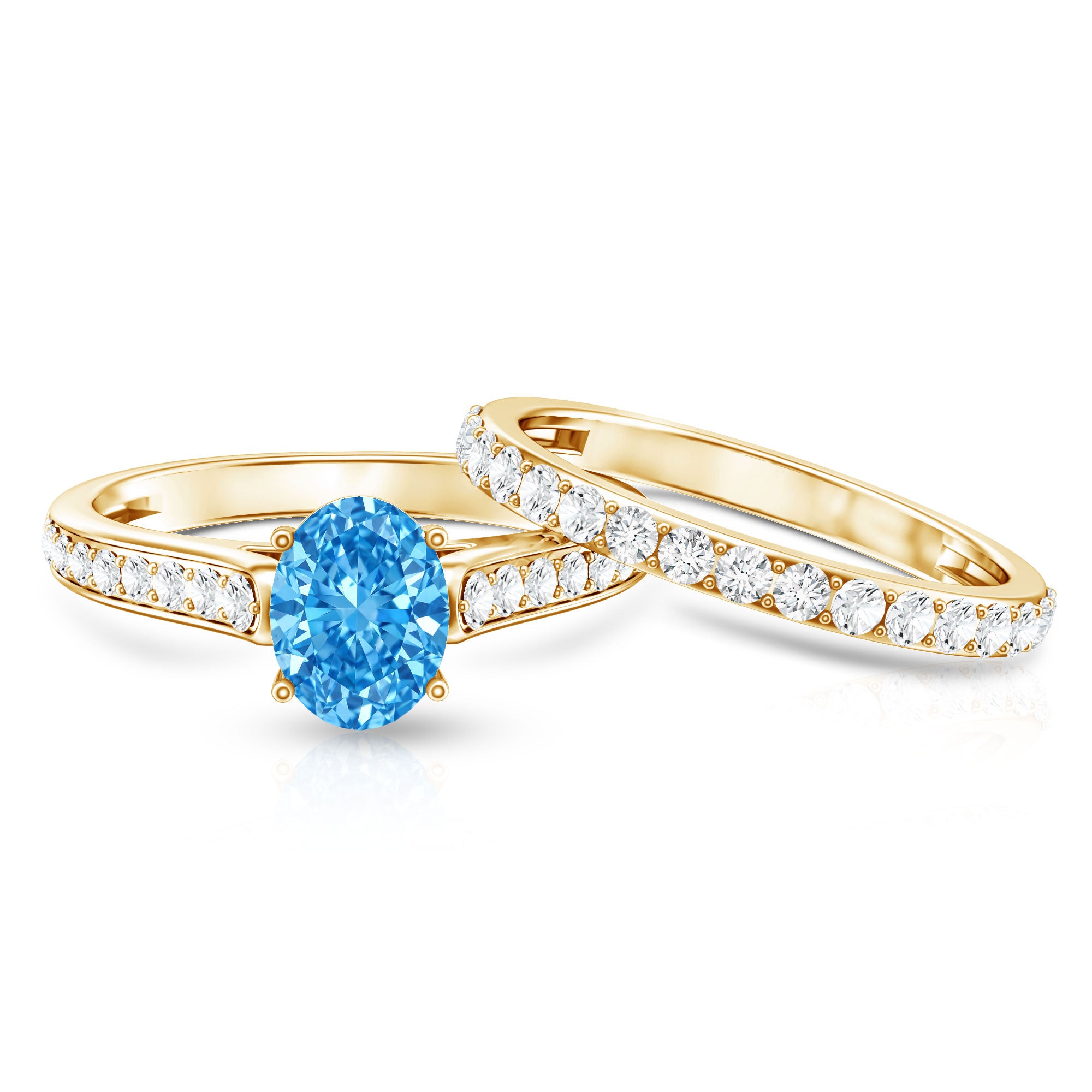 Oval Shaped 1 Carat Lab Grown Blue Diamond Bridal Ring Set IGI Certified Vivid Blue - VS1 - Rosec Jewels