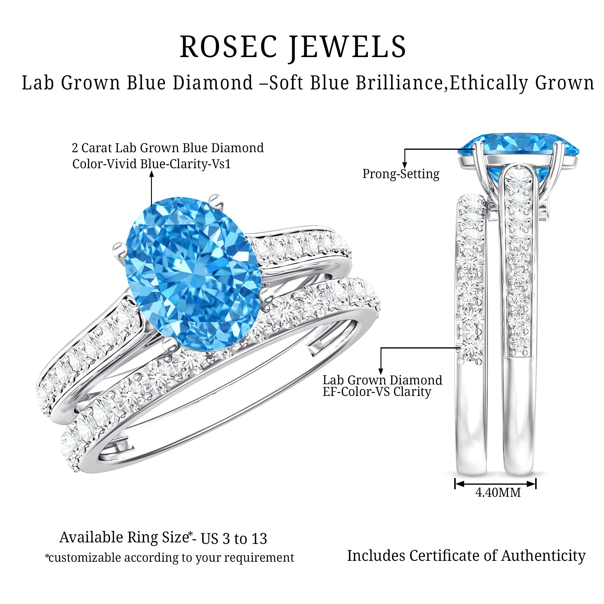 IGI Certified Lab Grown 2 Carat Blue Diamond Oval Engagement Ring with Enhancer Vivid Blue - VS1 - Rosec Jewels