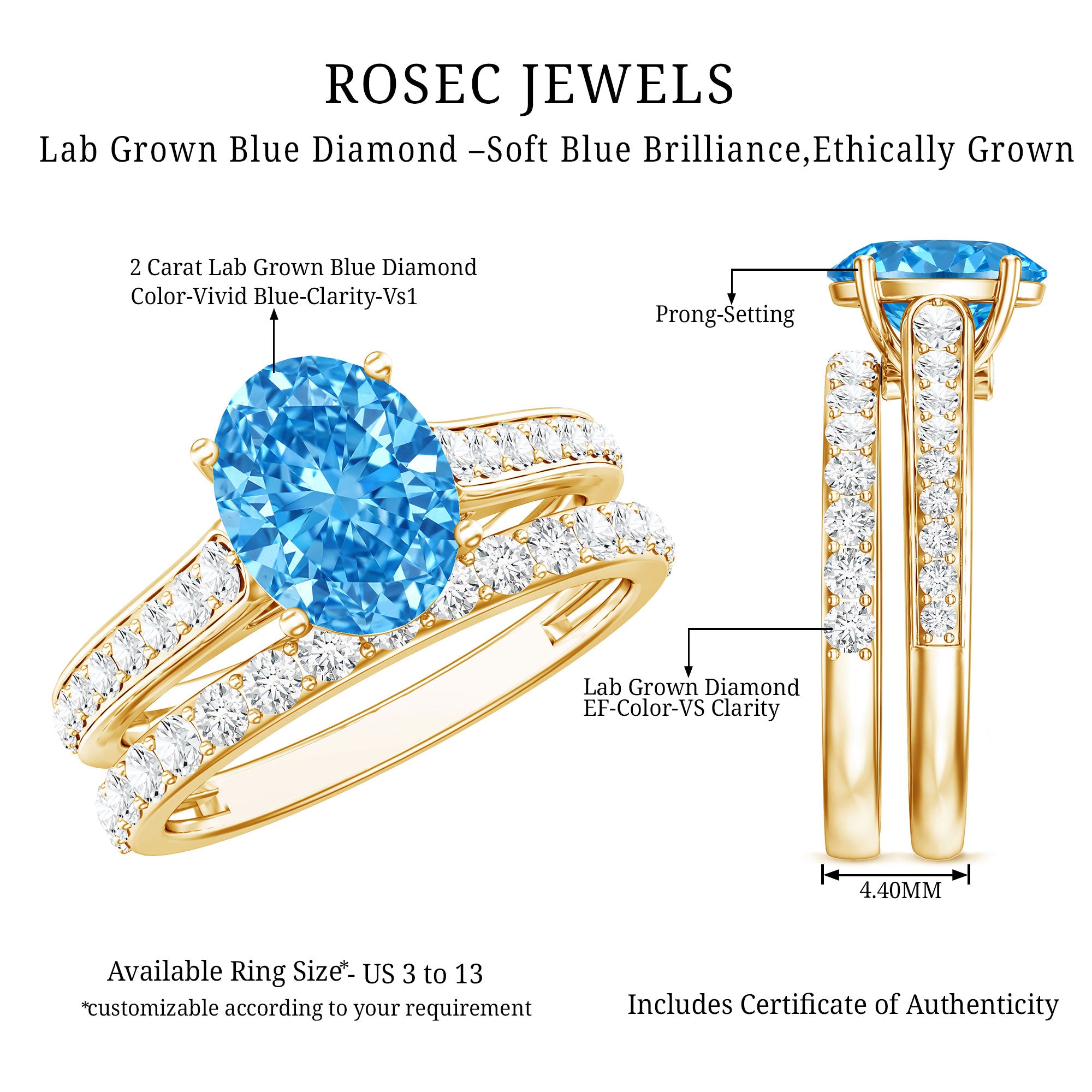 IGI Certified Lab Grown 2 Carat Blue Diamond Oval Engagement Ring with Enhancer Vivid Blue - VS1 - Rosec Jewels