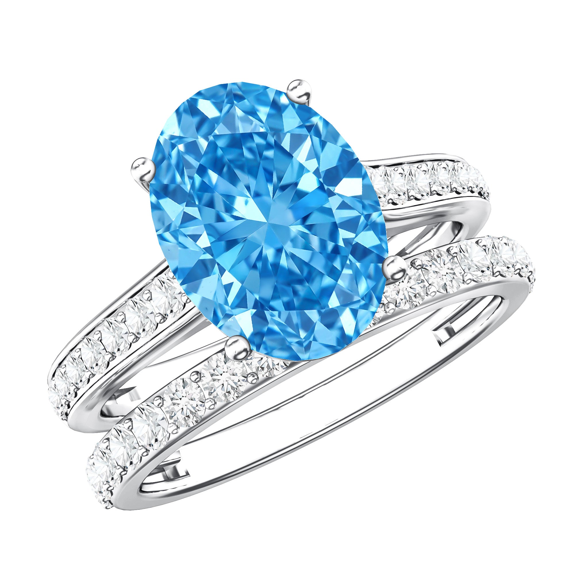 3 Carat Lab Grown Blue Diamond Oval Wedding Ring Set with IGI Certificate Vivid Blue - VS1 - Rosec Jewels