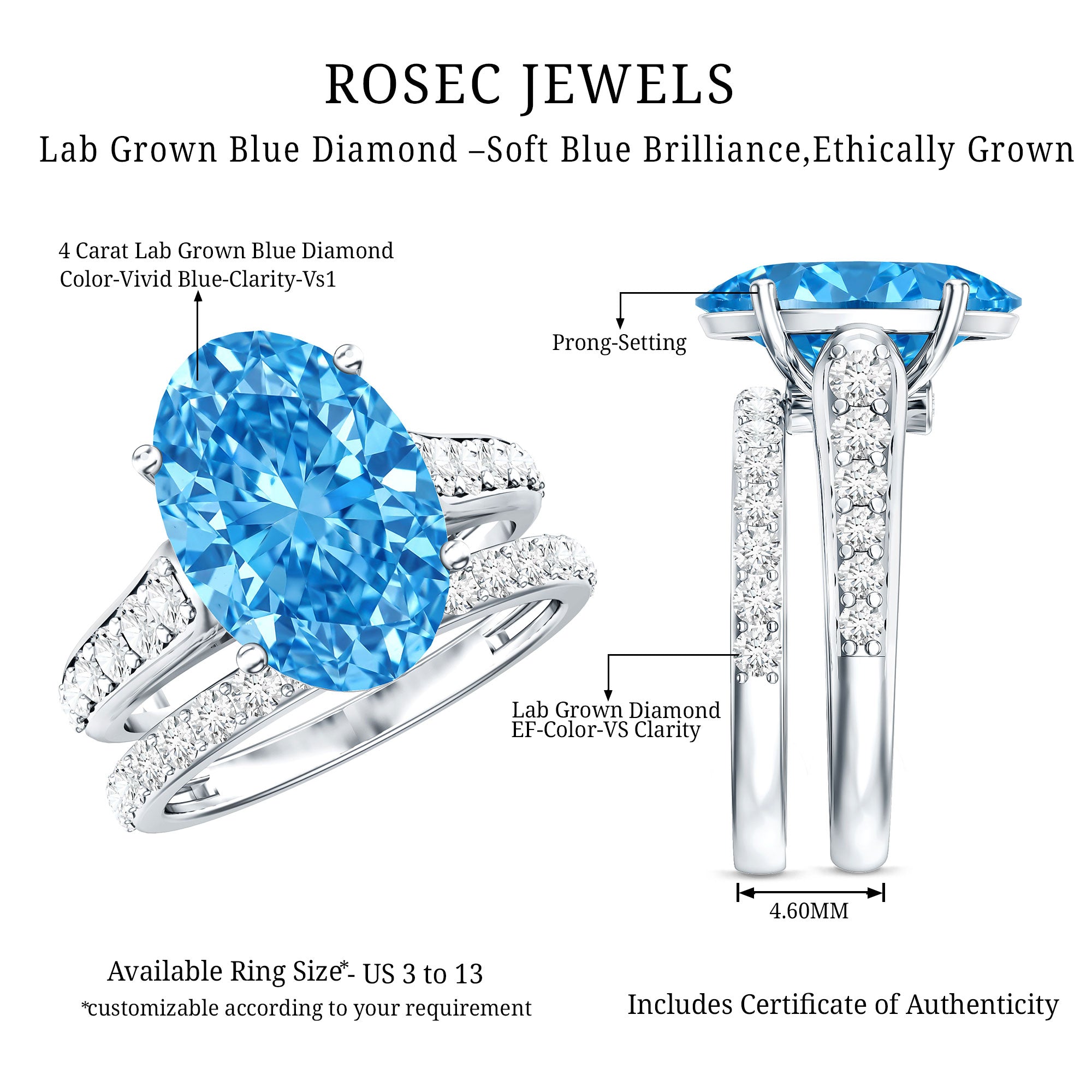 IGI Certified 4 Carat Oval Shape Lab Grown Blue Diamond Bridal Ring Set for Her Vivid Blue - VS1 - Rosec Jewels