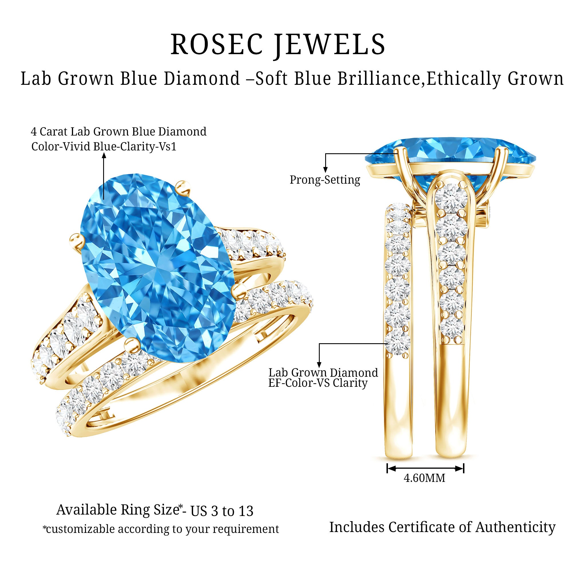 IGI Certified 4 Carat Oval Shape Lab Grown Blue Diamond Bridal Ring Set for Her Vivid Blue - VS1 - Rosec Jewels