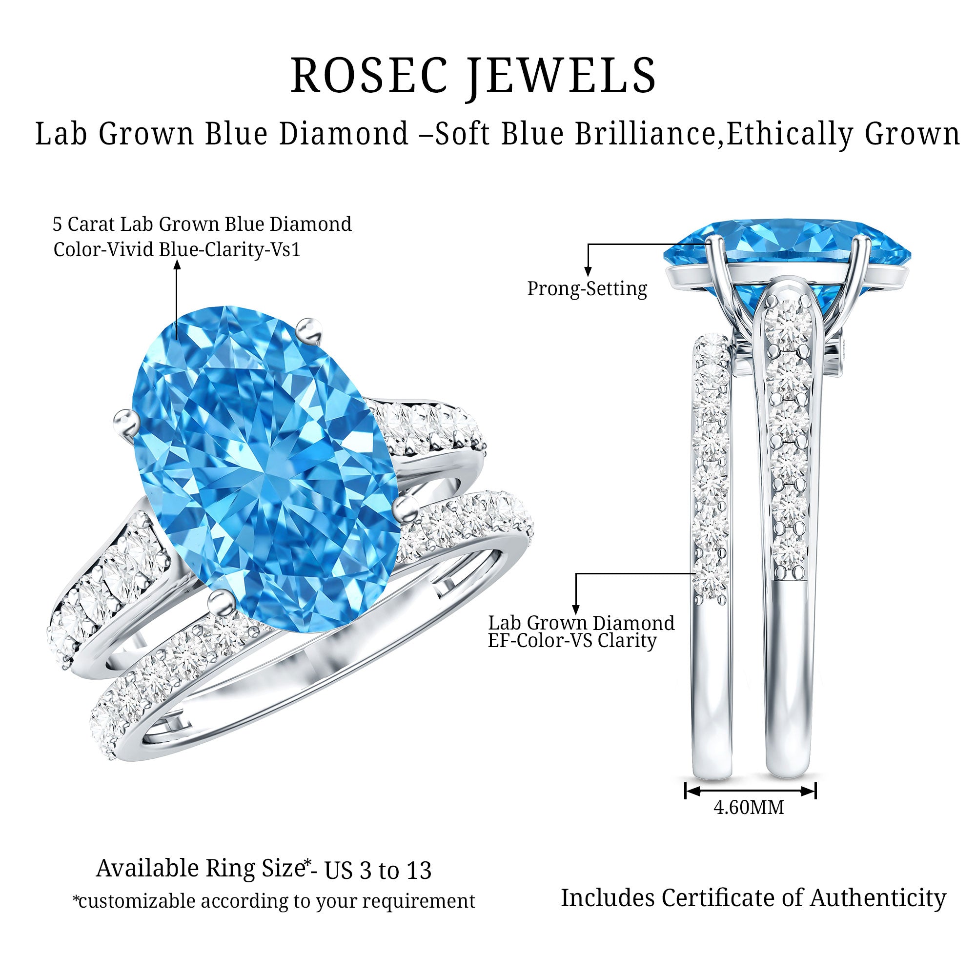 IGI Certified 5 Carat Lab Grown Blue Diamond Oval Shaped Wedding Ring Set Vivid Blue - VS1 - Rosec Jewels