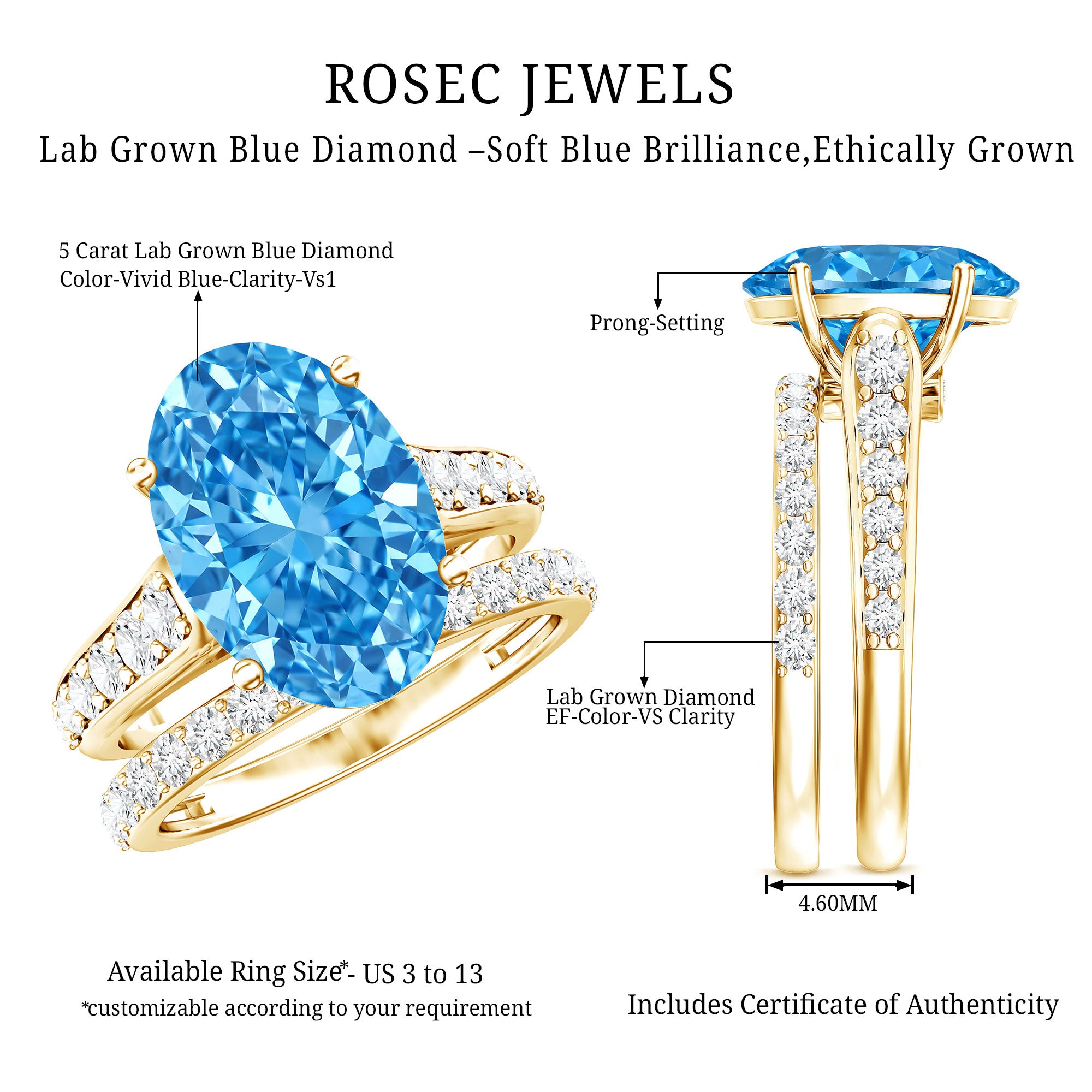 IGI Certified 5 Carat Lab Grown Blue Diamond Oval Shaped Wedding Ring Set Vivid Blue - VS1 - Rosec Jewels
