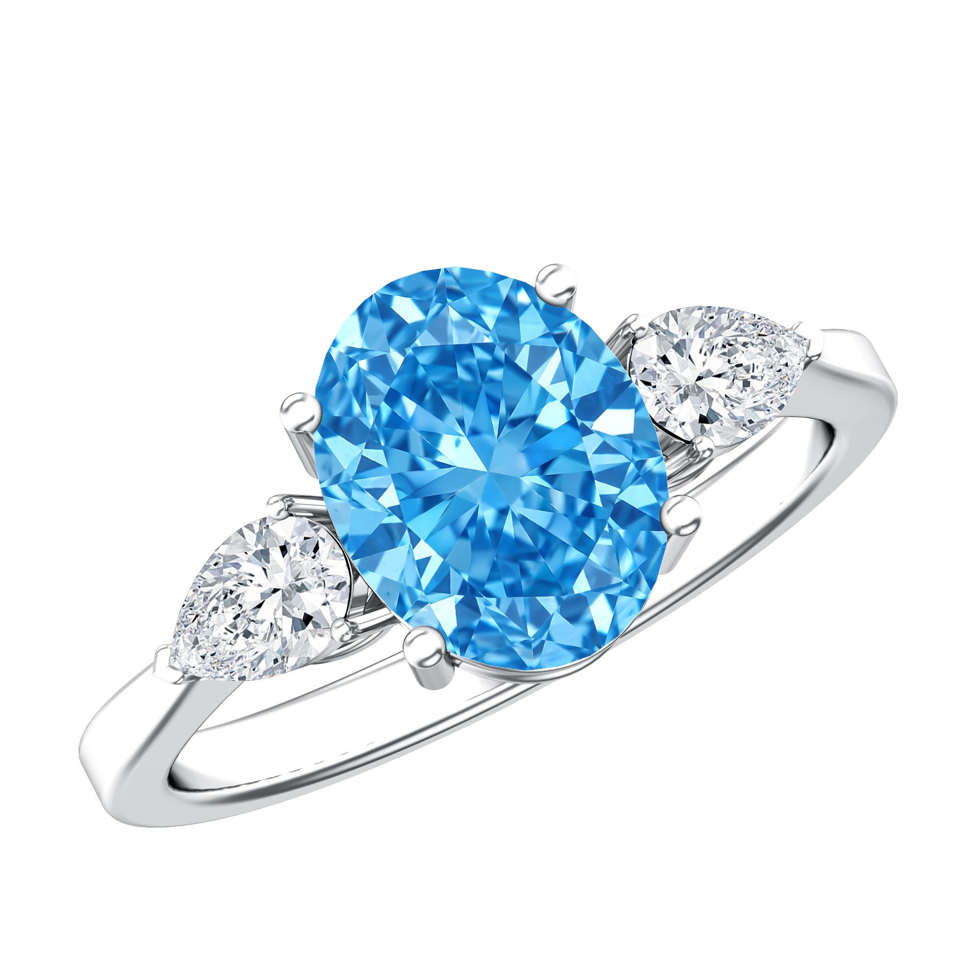 IGI Certified 2 Carat Oval Lab Grown Blue Diamond Three Stone Engagement Ring Vivid Blue - VS1 - Rosec Jewels