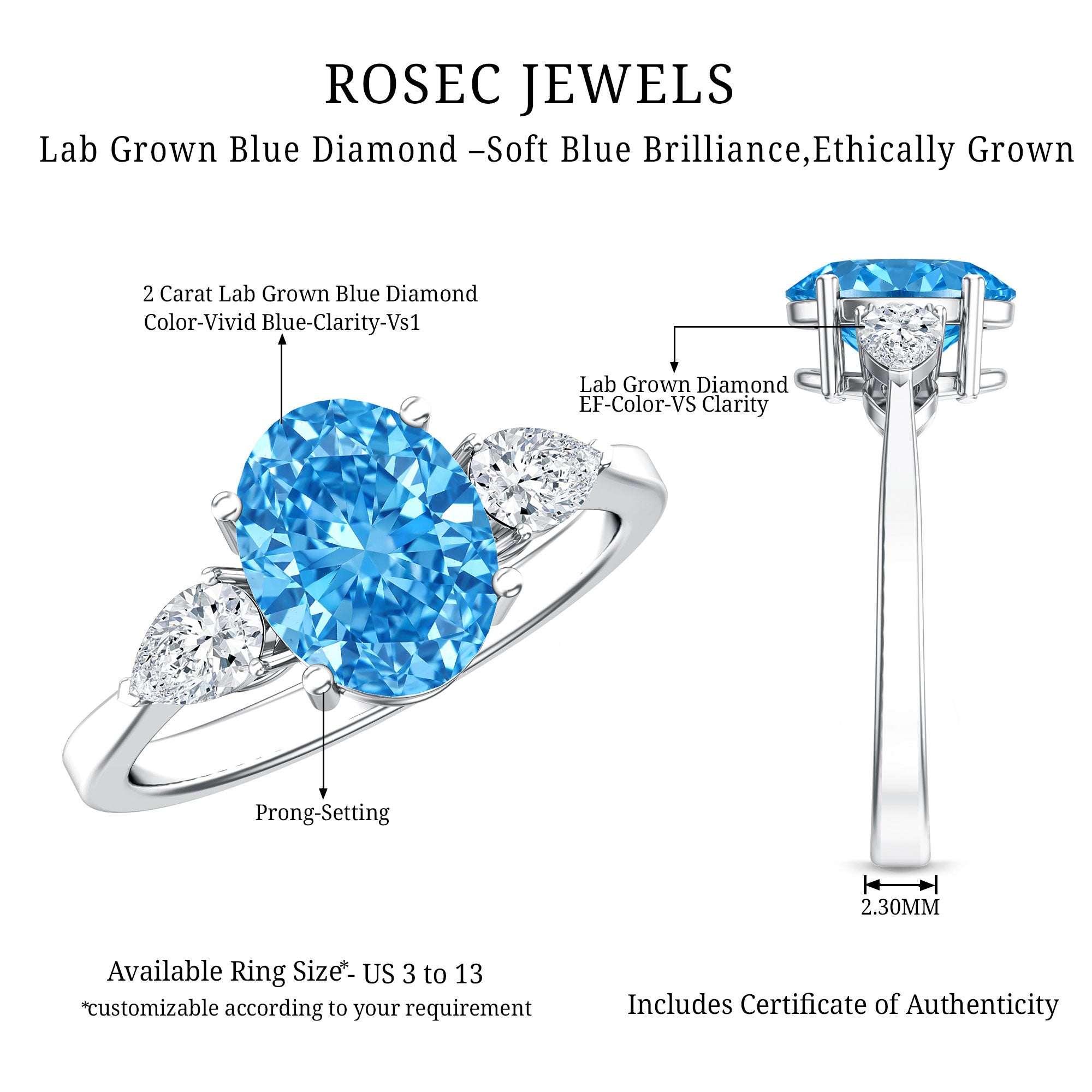 IGI Certified 2 Carat Oval Lab Grown Blue Diamond Three Stone Engagement Ring Vivid Blue - VS1 - Rosec Jewels