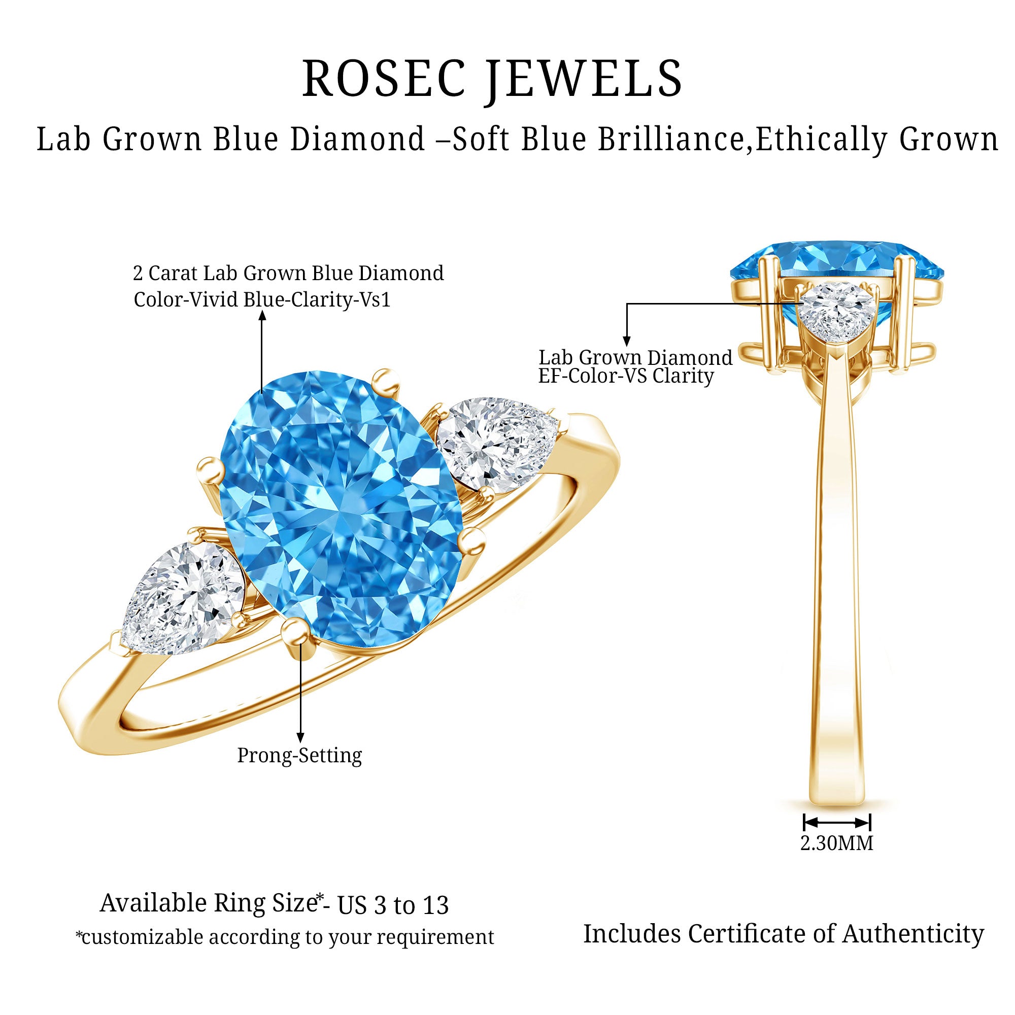 IGI Certified 2 Carat Oval Lab Grown Blue Diamond Three Stone Engagement Ring Vivid Blue - VS1 - Rosec Jewels