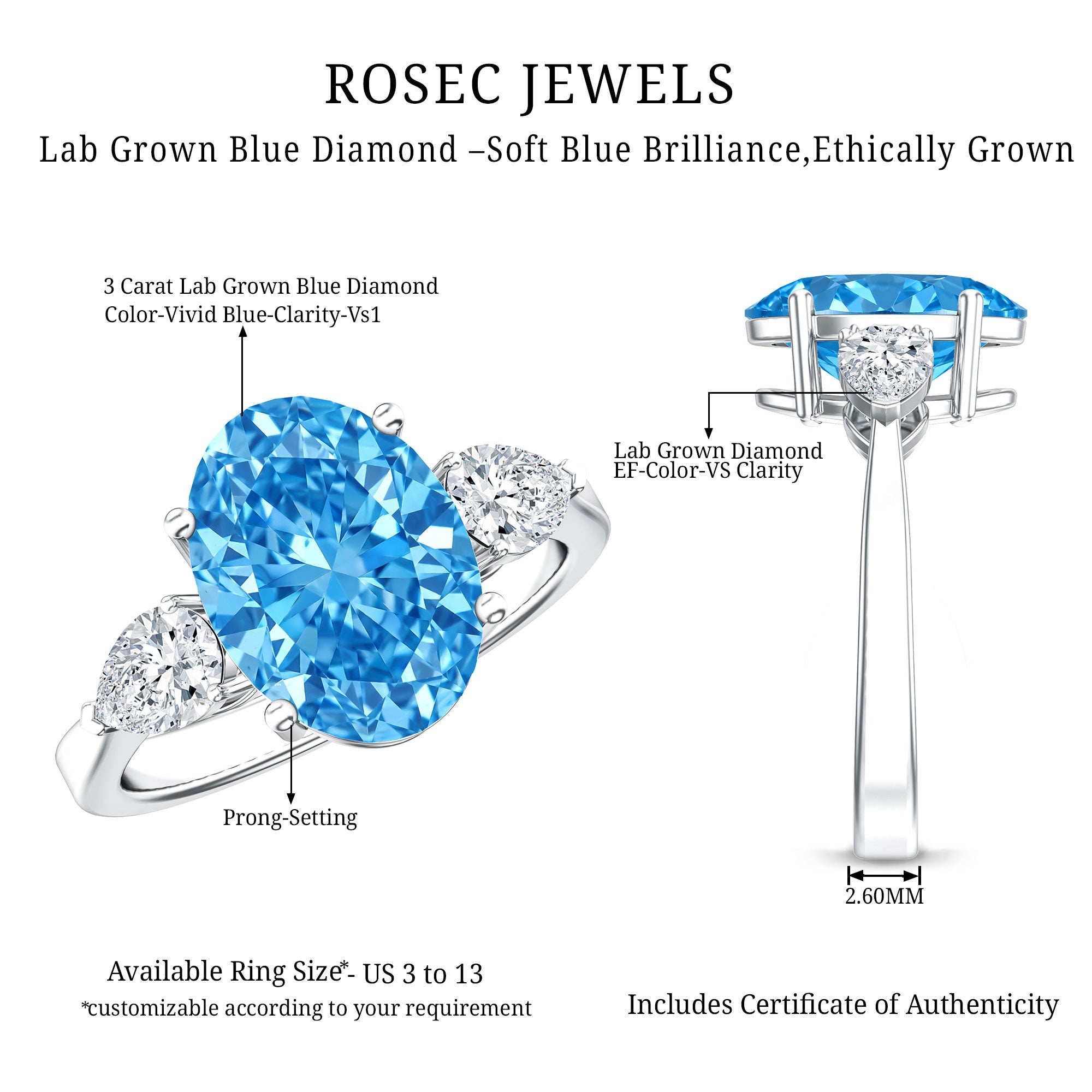 Rosec Jewels-Oval Shape 3 Carat Lab Grown Blue Diamond Three Stone Engagement Ring with IGI Certificate