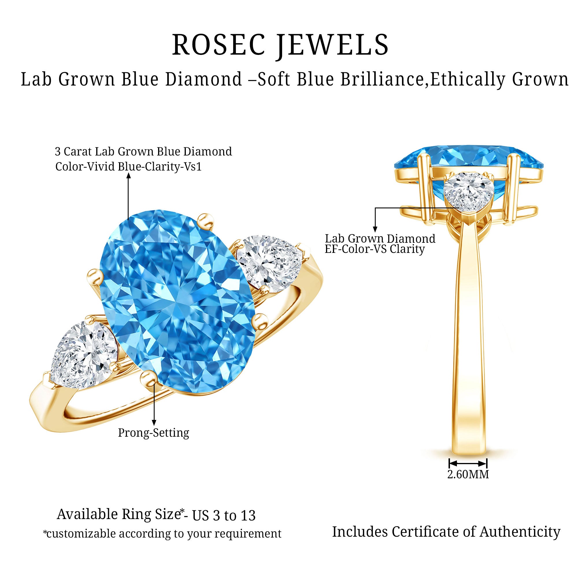 Rosec Jewels-Oval Shape 3 Carat Lab Grown Blue Diamond Three Stone Engagement Ring with IGI Certificate