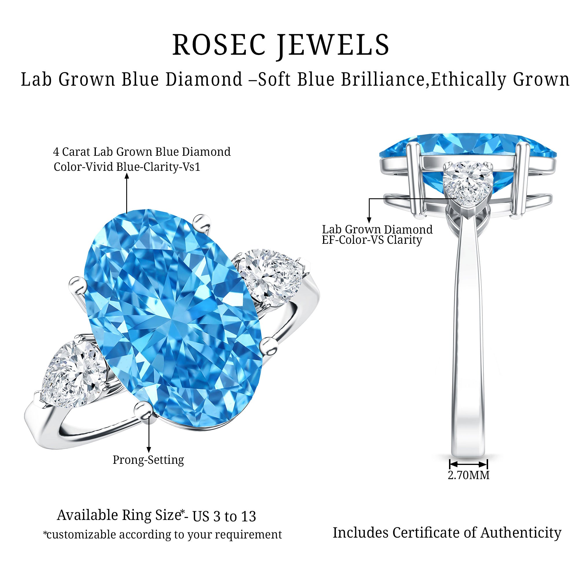 IGI Certified 4 Carat Oval Shaped Lab Grown Blue Diamond Journey Ring Vivid Blue - VS1 - Rosec Jewels