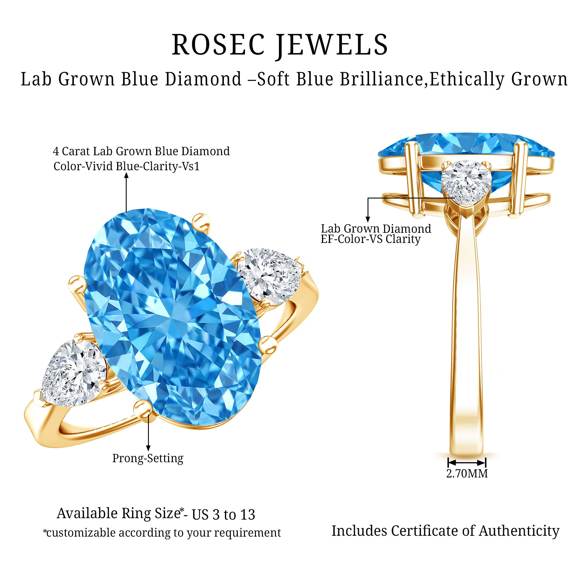 IGI Certified 4 Carat Oval Shaped Lab Grown Blue Diamond Journey Ring Vivid Blue - VS1 - Rosec Jewels