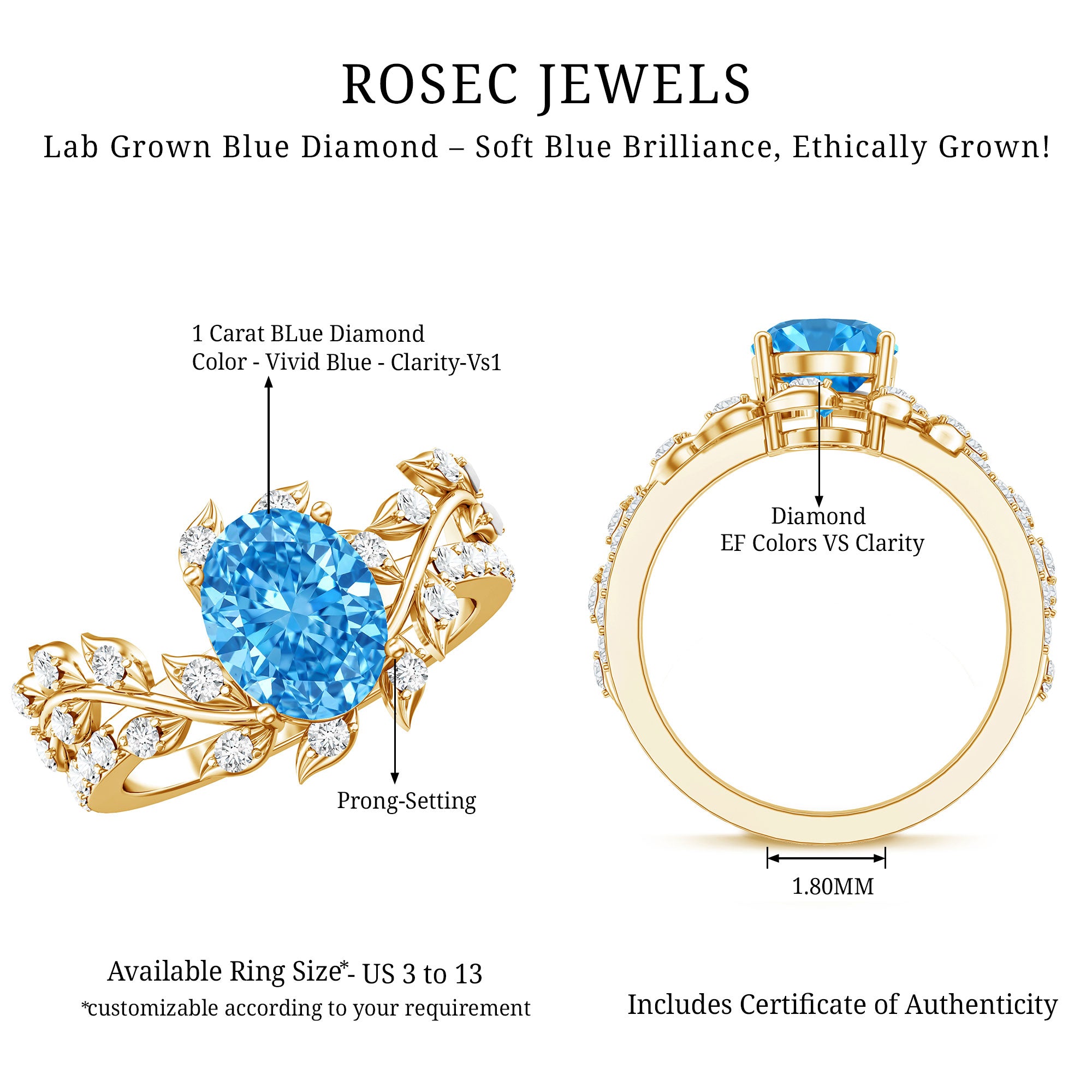 Rosec Jewels-Oval Shaped 1 Carat Lab Grown Blue Diamond Designer Engagement Ring IGI Certified