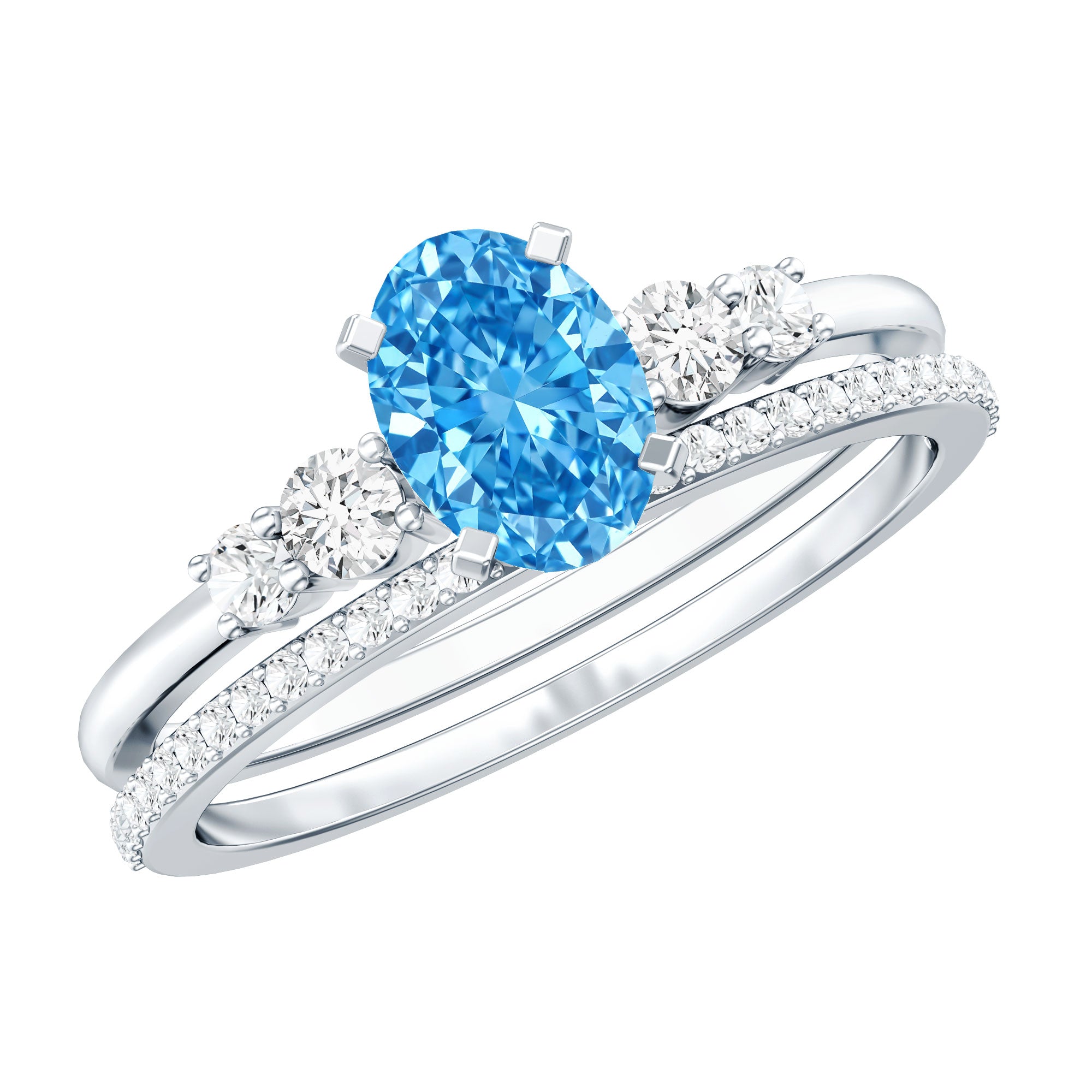 IGI Certified 1 Carat Oval Lab Grown Blue and White Diamond Bridal Ring Set Vivid Blue - VS1 - Rosec Jewels
